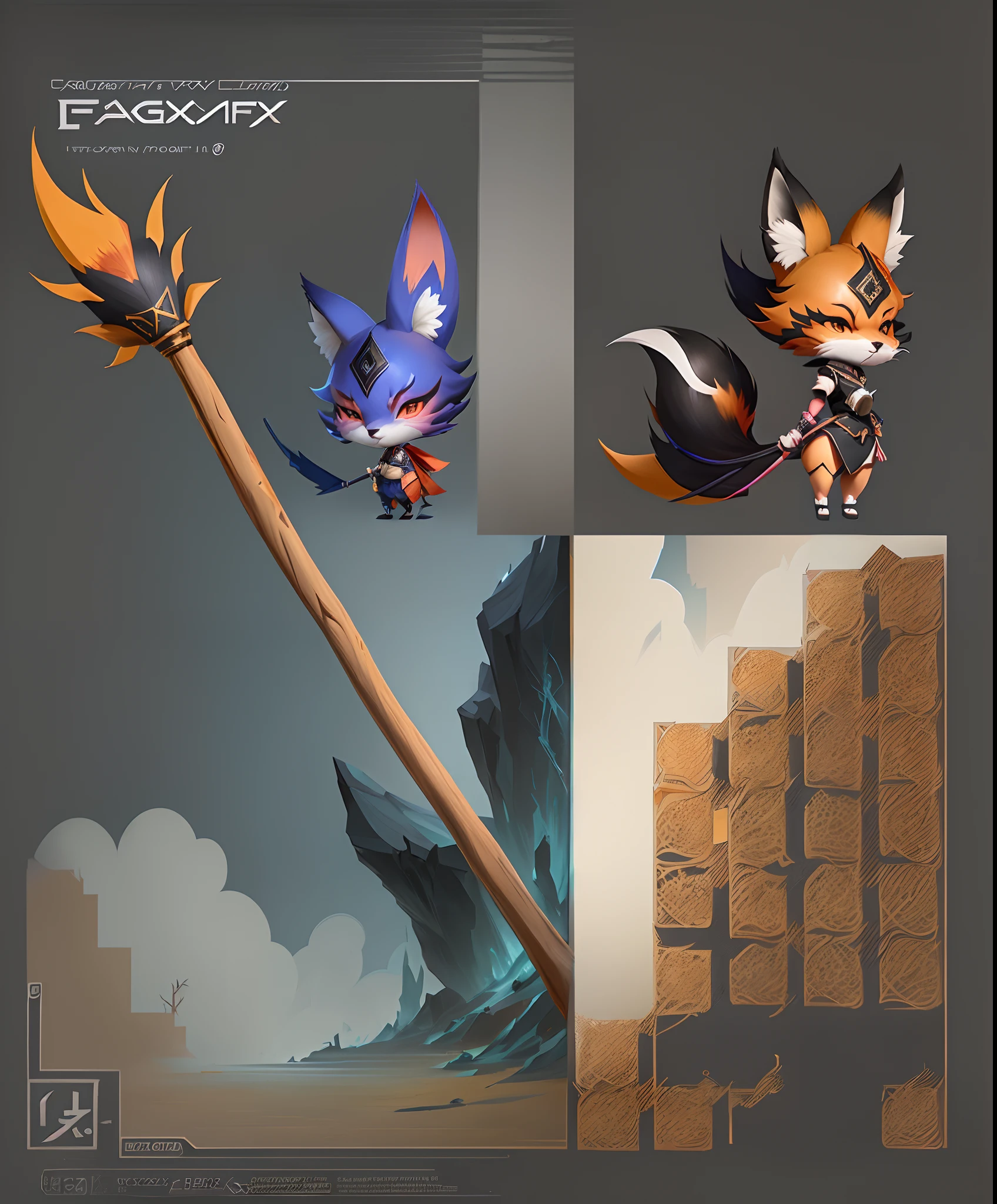 A cartoon cat with a long stick and a big head, fox from league of legends chibi, Stylized concept art, Riot game concept art, furry fantasy art, stylised fox - like appearance, Onmyoji detailed art, Furry character, edgBunny_Character, Stylized character design, painted as a game concept art, trending on polycount