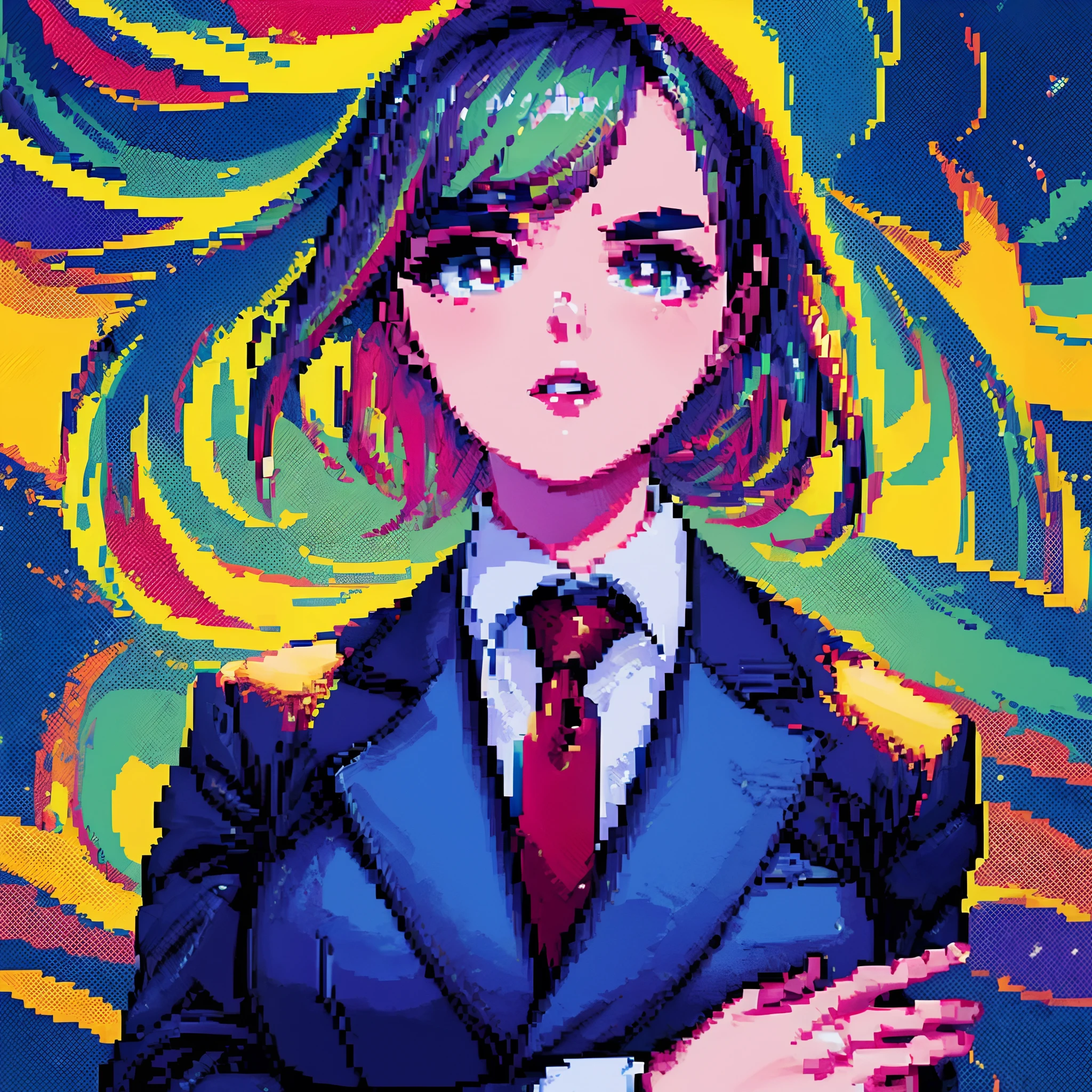 ((top-quality)), ((masterpiece)), ((ultra-detailliert)),(8k wallpaper:1.2),(Ultra-high resolution:1.2),(masterpiece:1.1),wallpaper,High quality,(High detail),(absurdres, highres, ultra detailed),( best quality:1.2),((the style of pixel art)),1 girl, pixelated, medium hair, wearing a suit and tie, absolutely stunning art, extremely detailed, highest quality pixelated art ,dark room, dark, vibrant colours