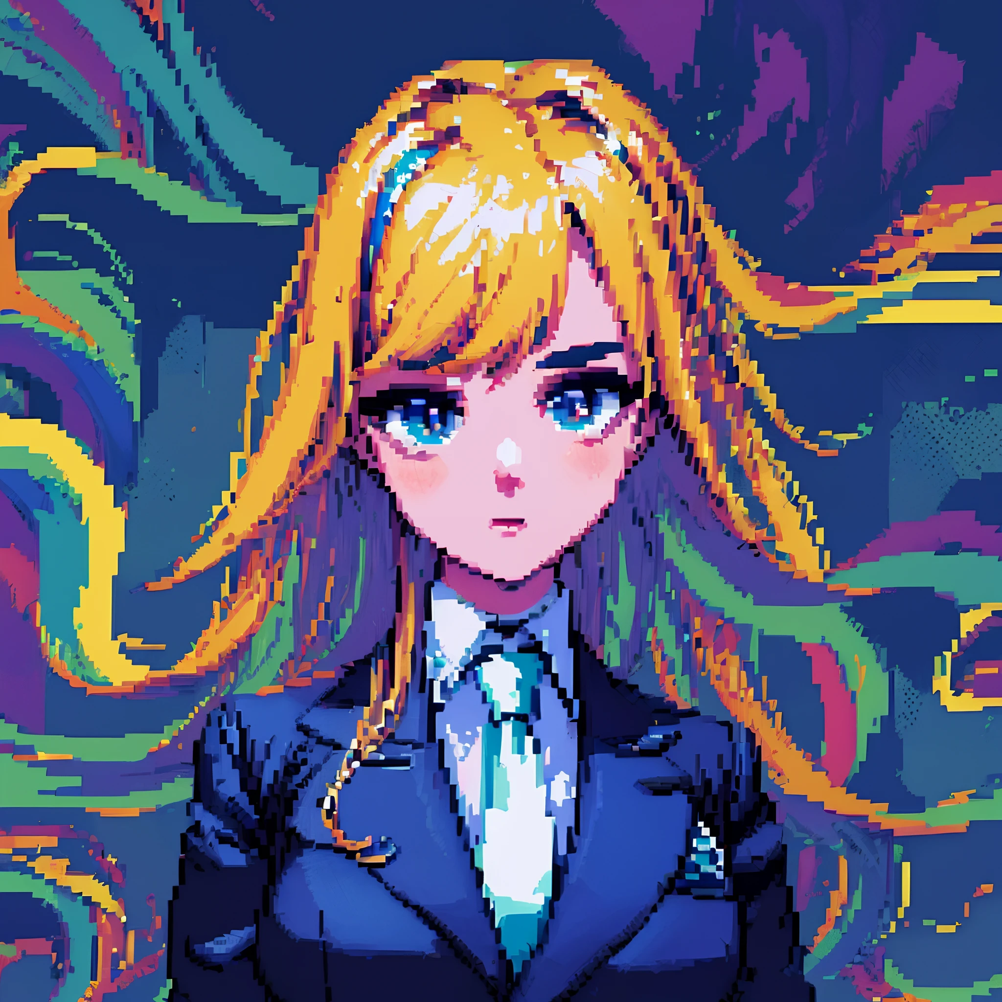 ((top-quality)), ((masterpiece)), ((ultra-detailliert)),(8k wallpaper:1.2),(Ultra-high resolution:1.2),(masterpiece:1.1),wallpaper,High quality,(High detail),(absurdres, highres, ultra detailed),( best quality:1.2),((the style of pixel art)),1 girl, pixelated, medium hair, wearing a suit and tie, absolutely stunning art, extremely detailed, highest quality pixelated art ,dark room, dark, vibrant colours