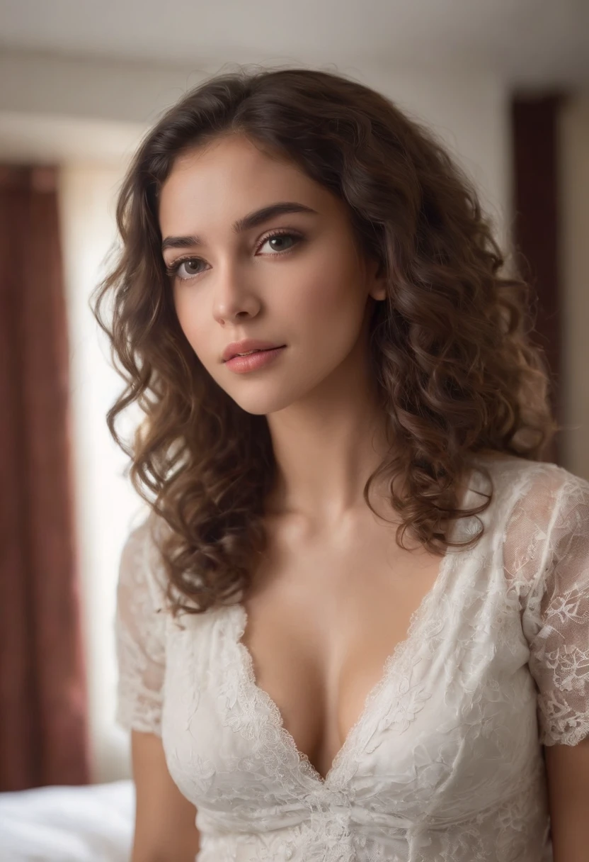 Beautiful  latin girl, 20 years old, nakeness, Normal breasts and beautiful face, Dash and have fun, curlies, Full body in hotel room, Fotorrealista, Movie images,