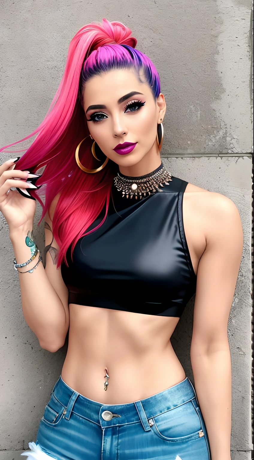 fotografia de uma mulher monstro bonita com flores em seu cabelo.(fechar para cima) . clivagem profunda ,tecendo um crop top moderno ,Moagem, wearing artistic earrings, mulher punk com o corpo pintado . fundo desfocado. esguio, (seios pequenos), ( colete aberto, diafragma)