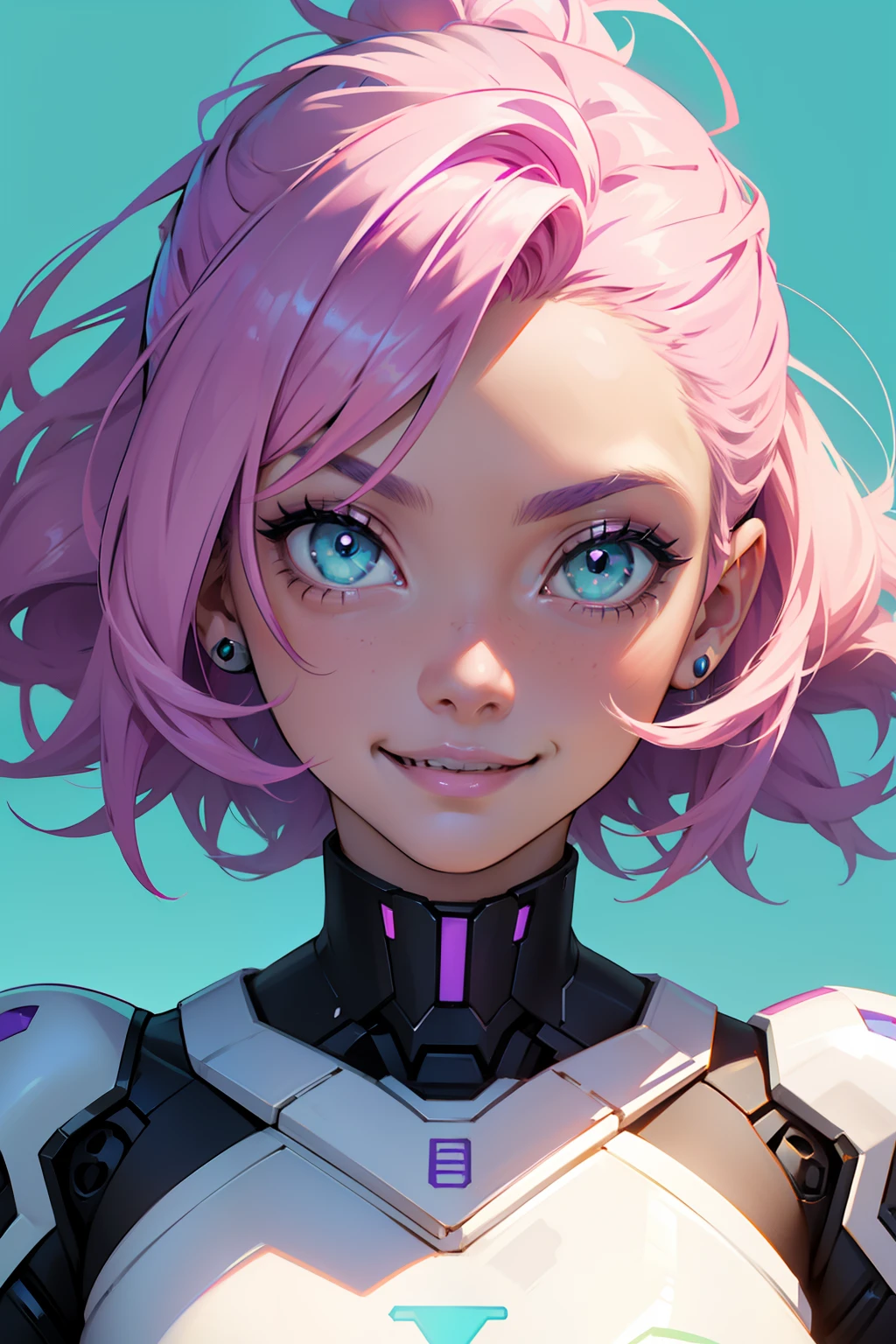 a robotic fantasy girl with robotic face, pink hair style, wearing a white t shirt, happy face and little smile with blue lips, big green eyes, simple purple background, make it for NFT market