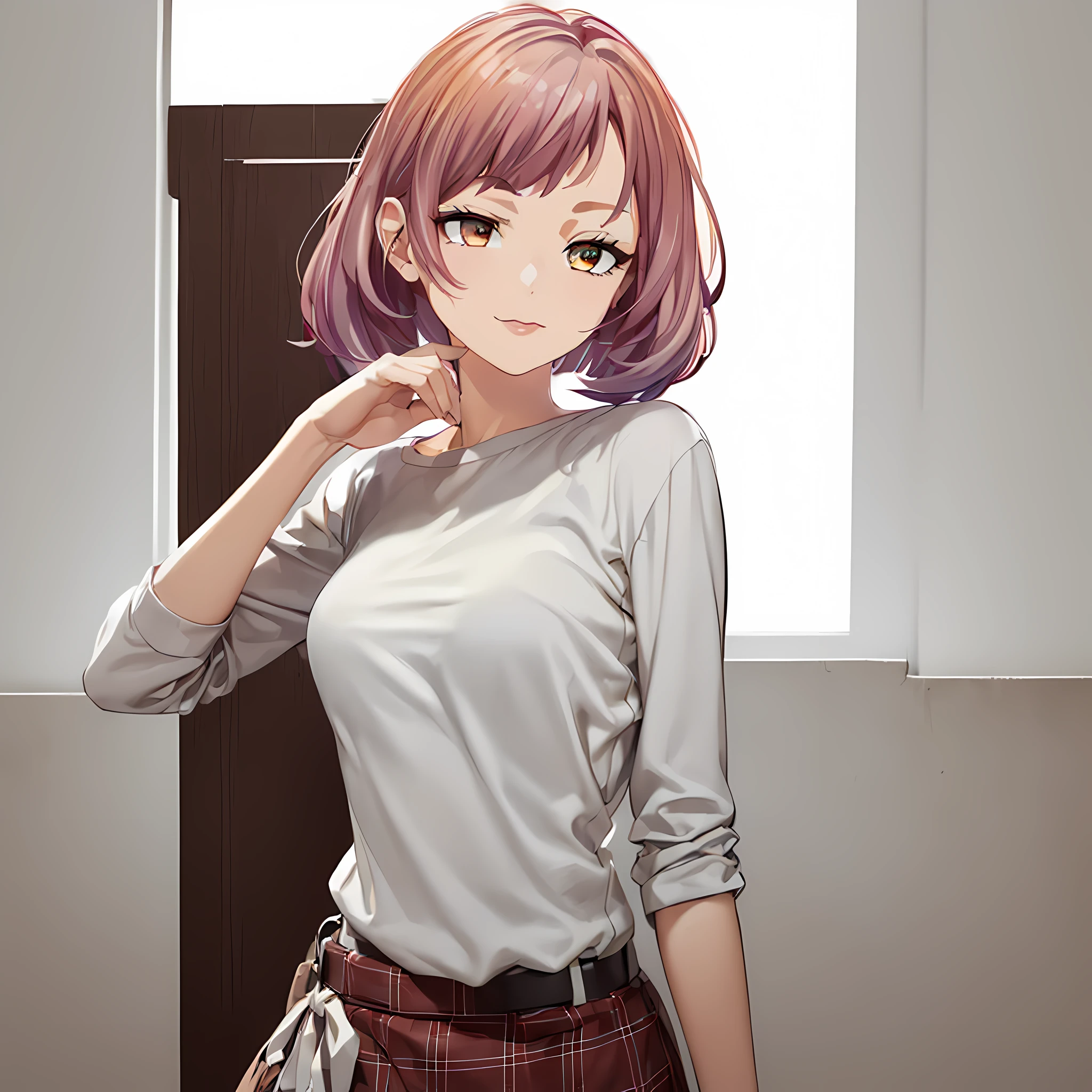 (((1girl:2))), ((solo:1.2)),(Make Subject the focal point of the background),(Center the image around),((upper body:1.3)),(((masterpiece))), (((best quality))), ((ultra-detailed)), (highly detailed CG illustration), ((an extremely delicate and beautiful)),((Soft off-white t-shirt:1.5)), ((plain t-shirt:1.5)),((long sleeves:1.5)),(Casual T-shirt),((From slight side)), (The side of one arm is visible),(very loose T-shirt:1.2), (plain t-shirt), portrait of an anime girl, t-shirt,(t-shirt without patterns:1.5), ((t-shirt without logo:1.6)), (bronze eyes:1.5), (short hair),(Rose and light orange, purple hair), (bob cut), (bob-cut hair:1.3),looking at viewer,smiling,bad-girl,mature female, anime girl with short hair, ((medium breasts:1.3)), (Checked barber-style skirt:1.2),cute natural anime face, detailed anime soft face, cute anime face, flat anime style shading, face anime portrait, made with anime painter studio, semirealistic anime style, perfect anime face, extremely cute anime girl face, high detailed face anime, pretty anime face, semi realistic anime, detailed anime face
