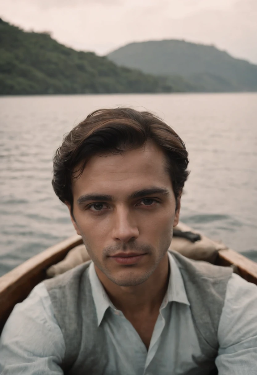 The man in the boat holds a bible in his hand, Retrato hiper-realista em um rio, Nadav Kander, alessio albi, retrato do livro, sem lago