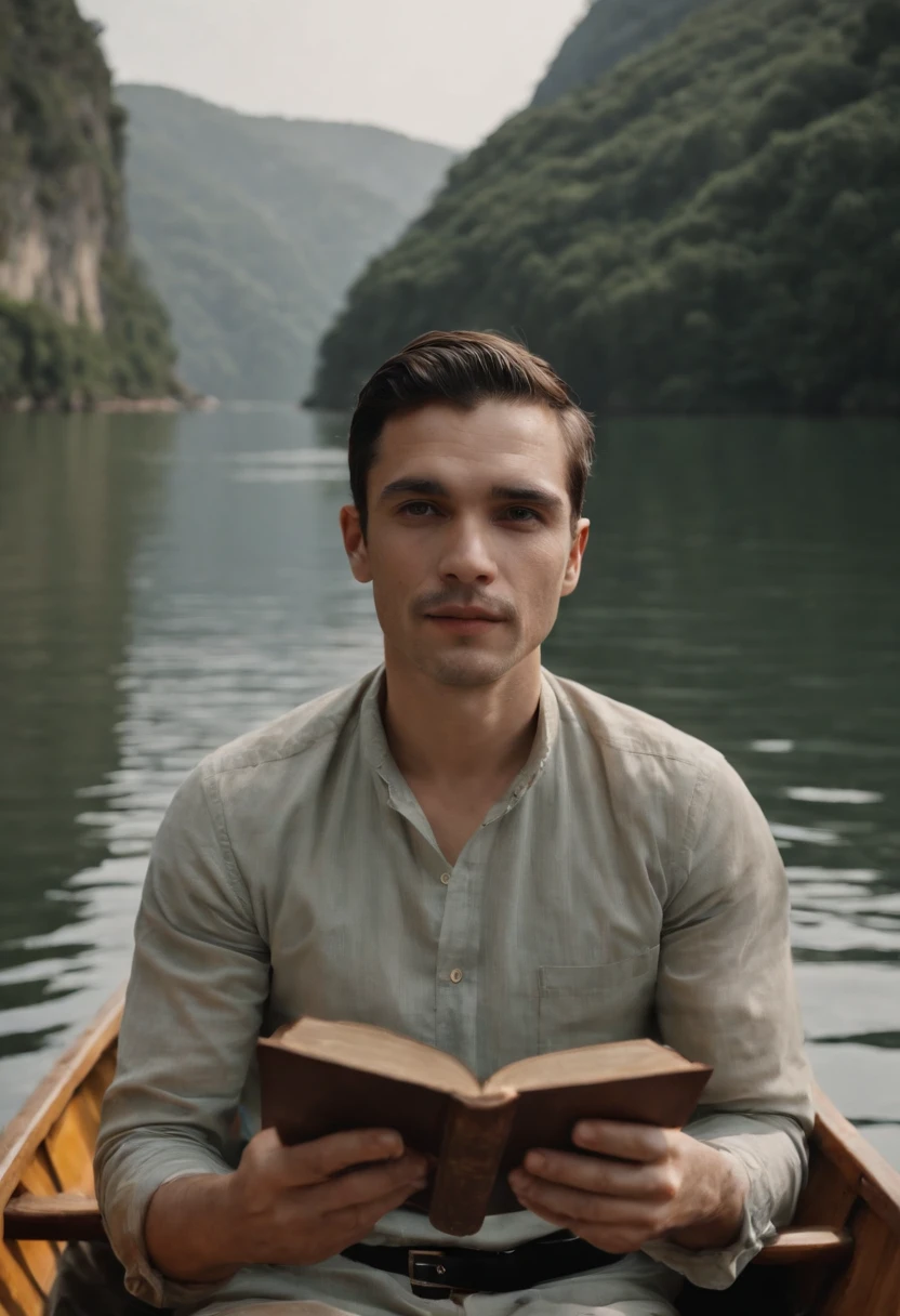 The man in the boat holds a bible in his hand, Retrato hiper-realista em um rio, Nadav Kander, alessio albi, retrato do livro, sem lago