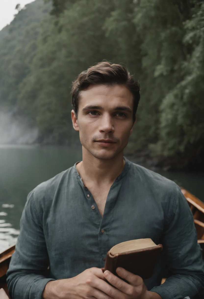 The man in the boat holds a bible in his hand, Retrato hiper-realista em um rio, Nadav Kander, alessio albi, retrato do livro, sem lago