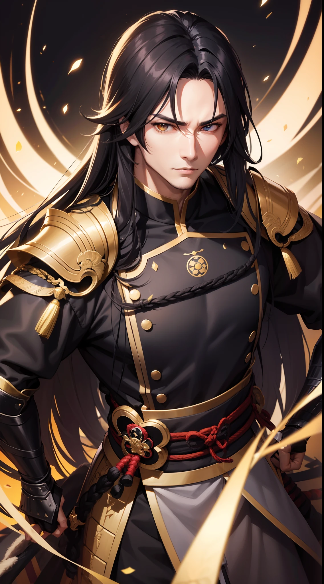 Extremely handsome male with pure black long hair, golden eyes, wearing samurai armor