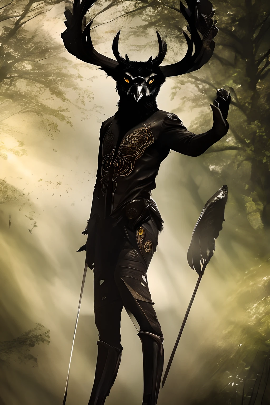 Masterpiece, highres, high Quality, humanoid creature with deer legs, deer head with owl face, black eyes,