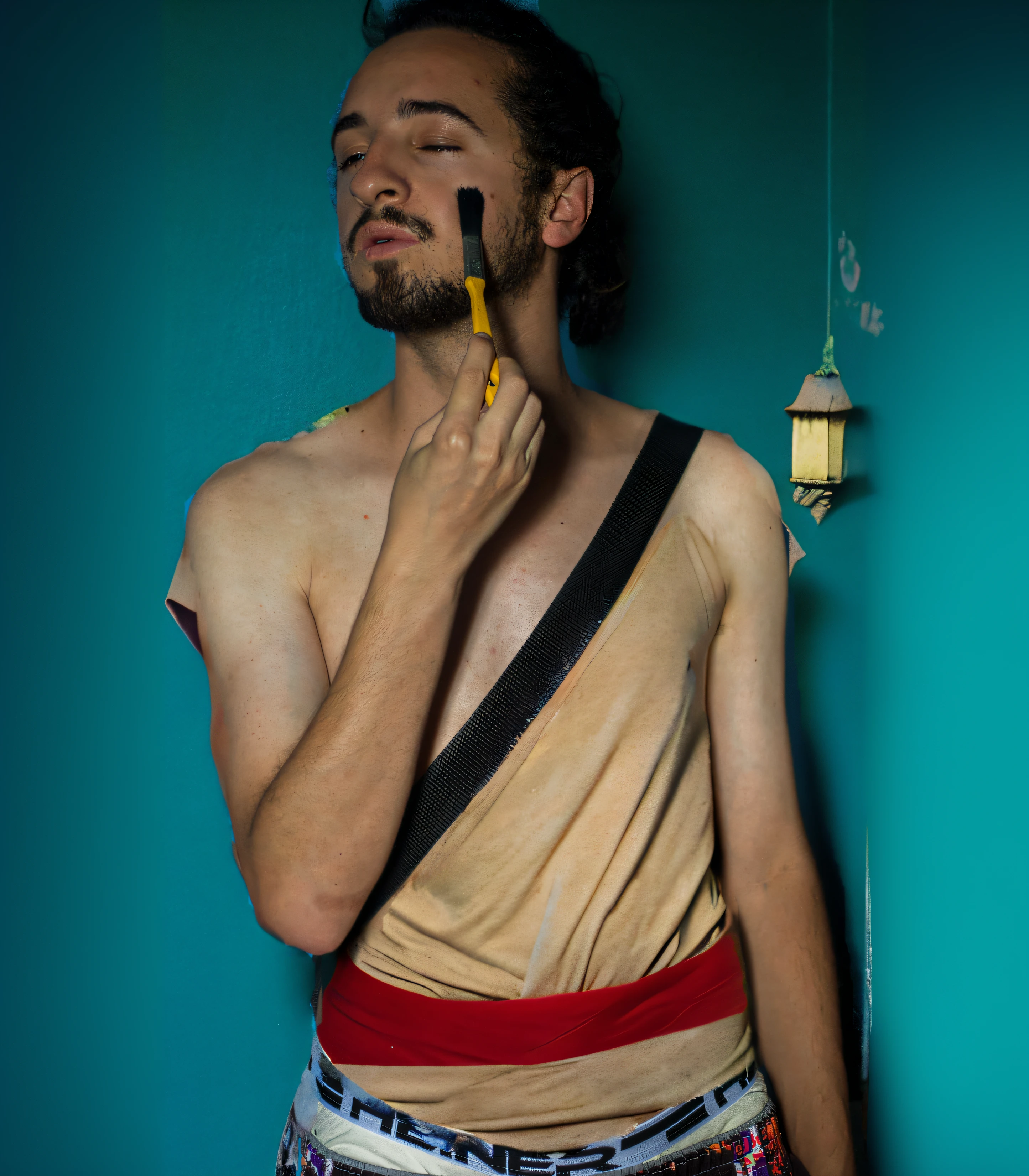 ultraman taro pin up,photo realistic,gay,bara,nude,naked body,slim body,human skin color,hairy body,slim body,head only ultramantaro with naked human body,small penis,shower room