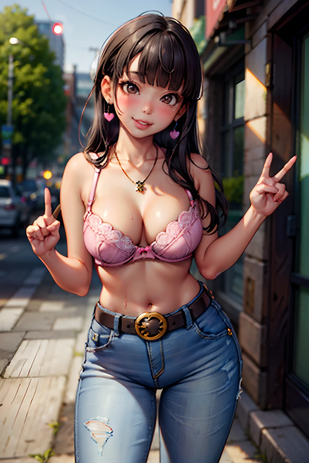 (masterpiece, intricate details),1girl, mature female, pale skin, (large breasts), pretentious face, (1girl:1.7), BREAK straight hair, (long hair:1.3), (black hair:1.3), (blunt bangs:1.4), (brown eyes:1.4), (aegyo:1.6), (douyin:1.4), (pretty face:1.5), perfect anatomy, pretty eyes, lips, smile, (narrow waist:1.3), brat, (big lips:1.5), (juicy lips), (nose blush), BREAK (outdoors:1.5), bright light, greenery, crowded, public area, (chunky socks:1.3), (pink belt bra:1.3), (denim jeans:1.3), (Mary janes shoes), (necklace:1.2), BREAK looking at viewer, cowboy shot, standing, kawaii style, dynamic pose, (smile:1.3), (expressive style:1.5), detailed background, (standing:1.4), full body, sparkles, hearts, fluorescents, (NSFW:1.2), hentai, lewd