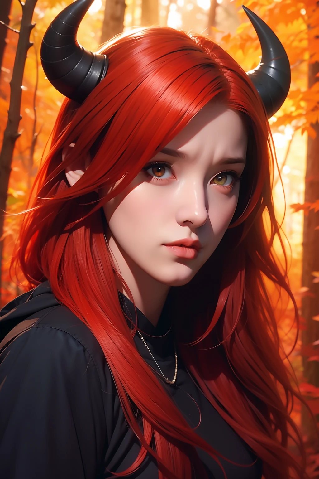 Woman with red hair, black horns, bright orange eyes, forest background