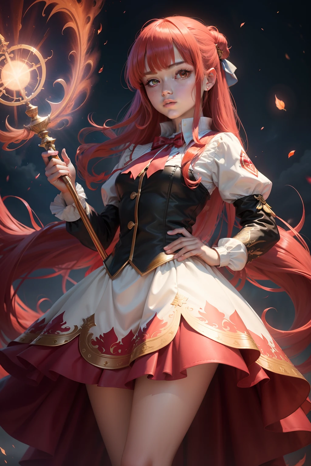 Female magician,12 year old girl,Puffy skirt,Qi bangs,horse tailed,red hair,magical staff