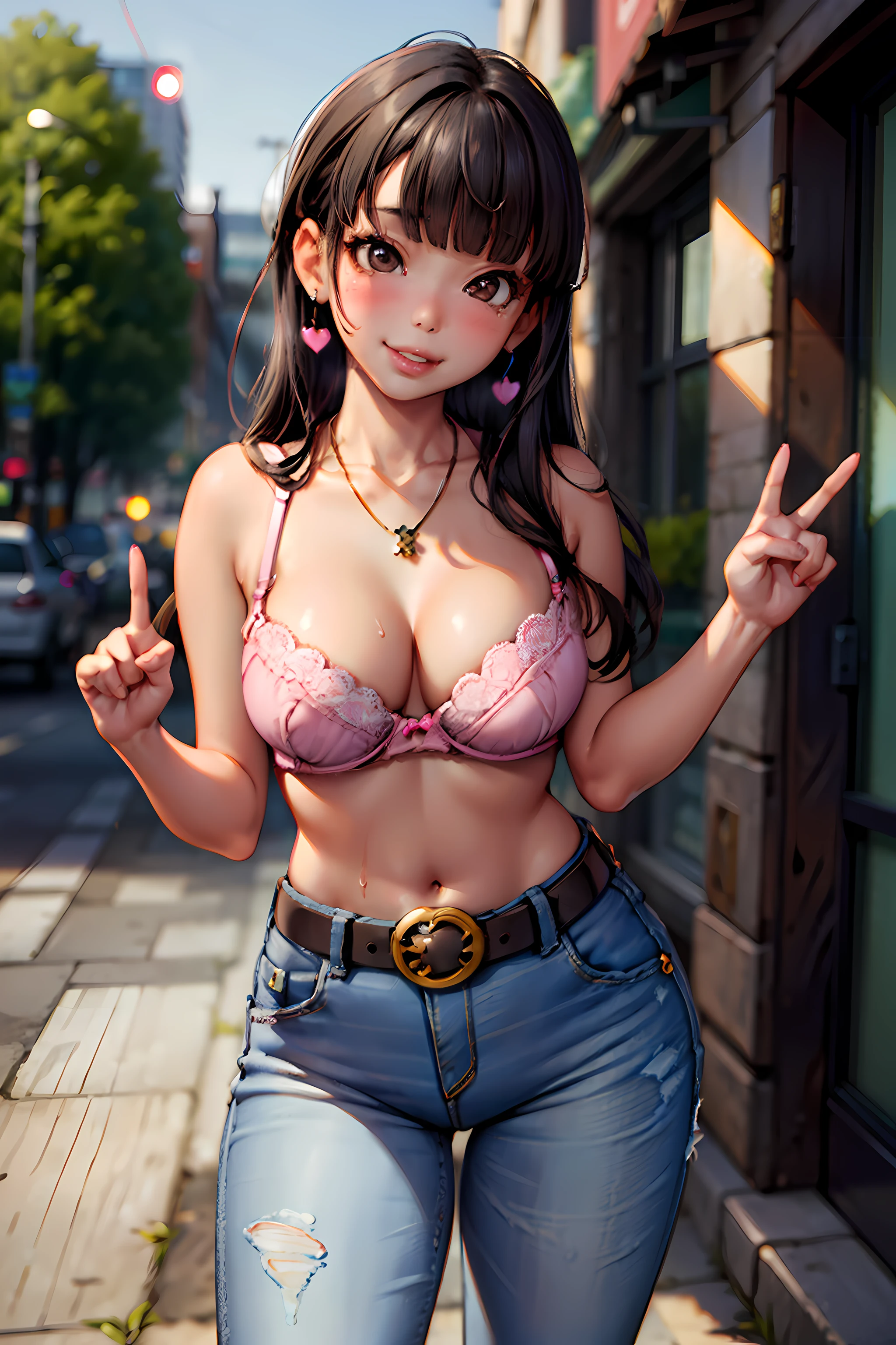 (masterpiece, intricate details),1girl, mature female, pale skin, (large breasts), pretentious face, (1girl:1.7), BREAK straight hair, (long hair:1.3), (black hair:1.3), (blunt bangs:1.4), (brown eyes:1.4), (aegyo:1.6), (douyin:1.4), (pretty face:1.5), perfect ???????, pretty eyes, lips, smile, (narrow waist:1.3), brat, (big lips:1.5), (juicy lips), (nose blush), BREAK (outdoors:1.5), bright light, greenery, crowded, public area, (leg warmers:1.3), (pink belt bra:1.3), (Mary janes shoes), (necklace:1.2), BREAK looking at viewer, cowboy shot, standing, kawaii style, dynamic pose, (smile:1.3), (expressive style:1.5), detailed background, (standing:1.4), full body, sparkles, hearts, fluorescents, (NSFW:1.2), hentai, lewd