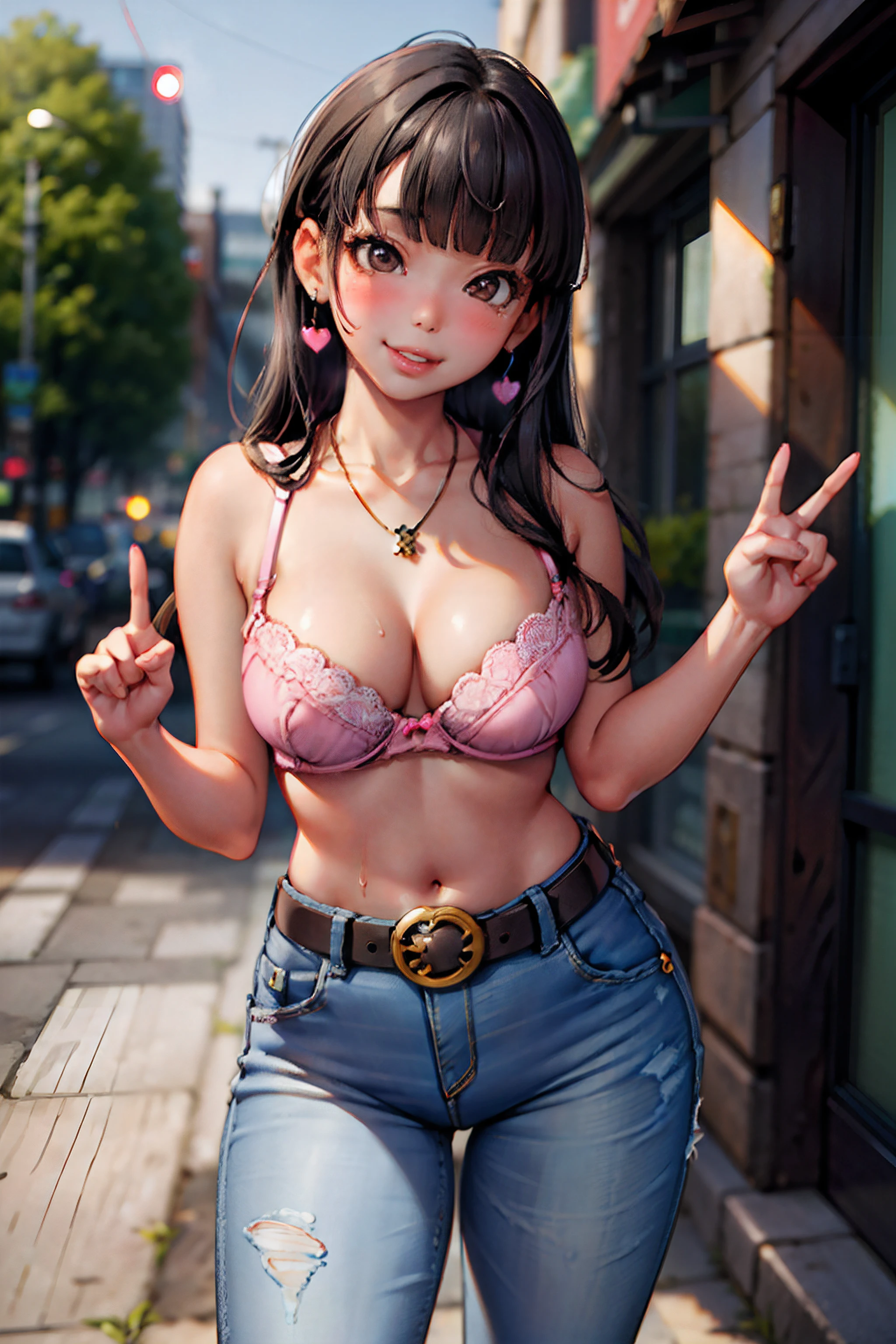 (masterpiece, intricate details),1girl, mature female, pale skin, (large breasts), pretentious face, (1girl:1.7), BREAK straight hair, (long hair:1.3), (black hair:1.3), (blunt bangs:1.4), (brown eyes:1.4), (aegyo:1.6), (douyin:1.4), (pretty face:1.5), perfect anatomy, pretty eyes, lips, smile, (narrow waist:1.3), brat, (big lips:1.5), (juicy lips), (nose blush), BREAK (outdoors:1.5), bright light, greenery, crowded, public area, (chunky socks:1.3), (pink belt bra:1.3), (denim jeans:1.3), (Mary janes shoes), (necklace:1.2), BREAK looking at viewer, cowboy shot, standing, kawaii style, dynamic pose, (smile:1.3), (expressive style:1.5), detailed background, (standing:1.4), full body, sparkles, hearts, fluorescents, (NSFW:1.2), hentai, lewd