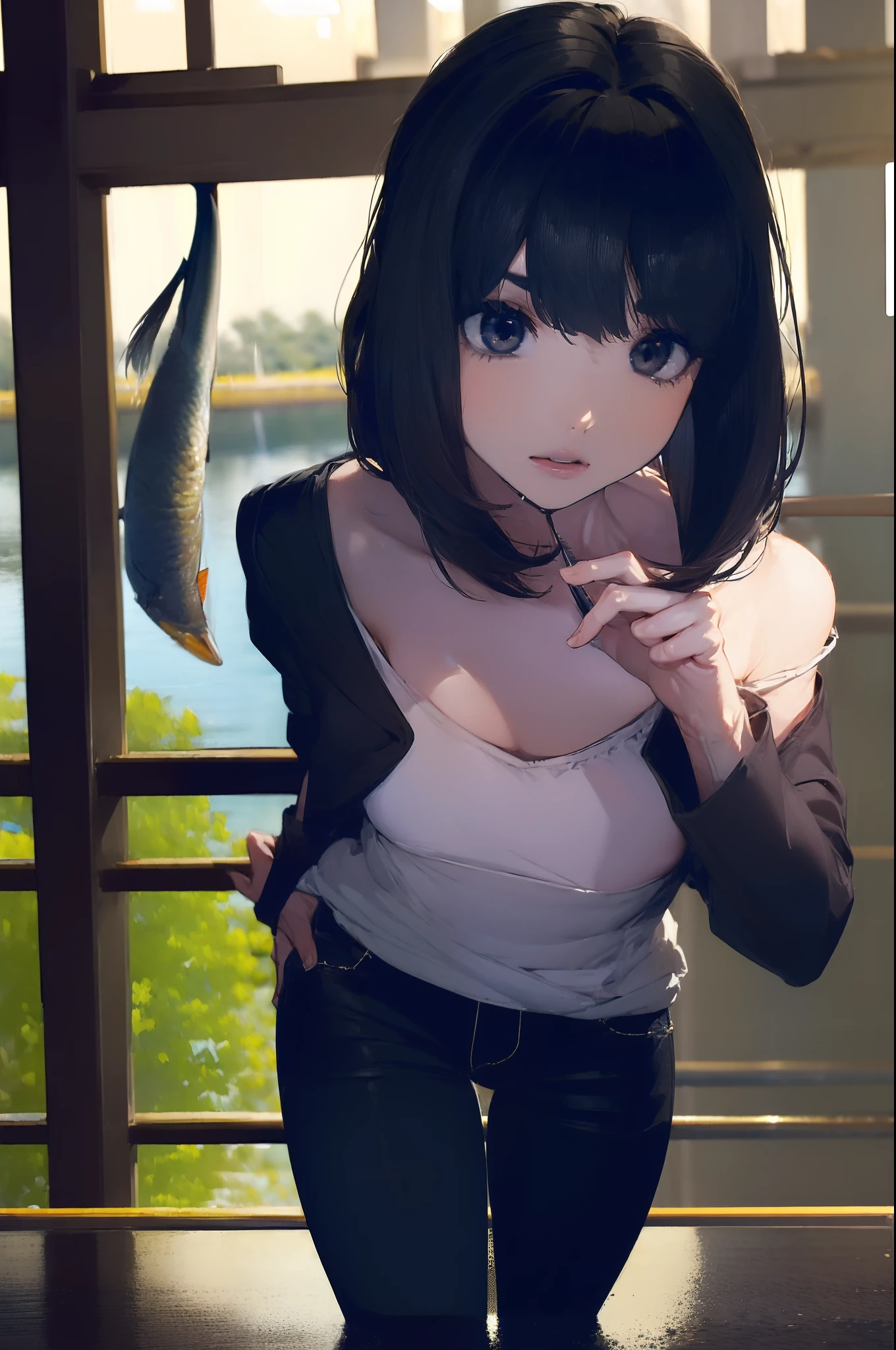 ((((catching a big fish by the lakeside:1.5)))),((Female 28 years old)),((Best Quality:1.5)),(((Hands with the correct number and structure of fingers:1.4))),((Big fish:1.37)),hight resolution,ultra-detailliert,masterpiece,best qualtiy,(Eight-headed body),Black hair, long eyes-lashes, Solid Circle Eyes, drop shadow, Atmospheric perspective,Super Detail, ccurate, small brest,(Black jacket and black jeans :1.1),top-quality, blurry backround, bokeh dof:1.2, (masterpiece:1.3), Atmospheric perspective,Super Detail,dynamic compositions,