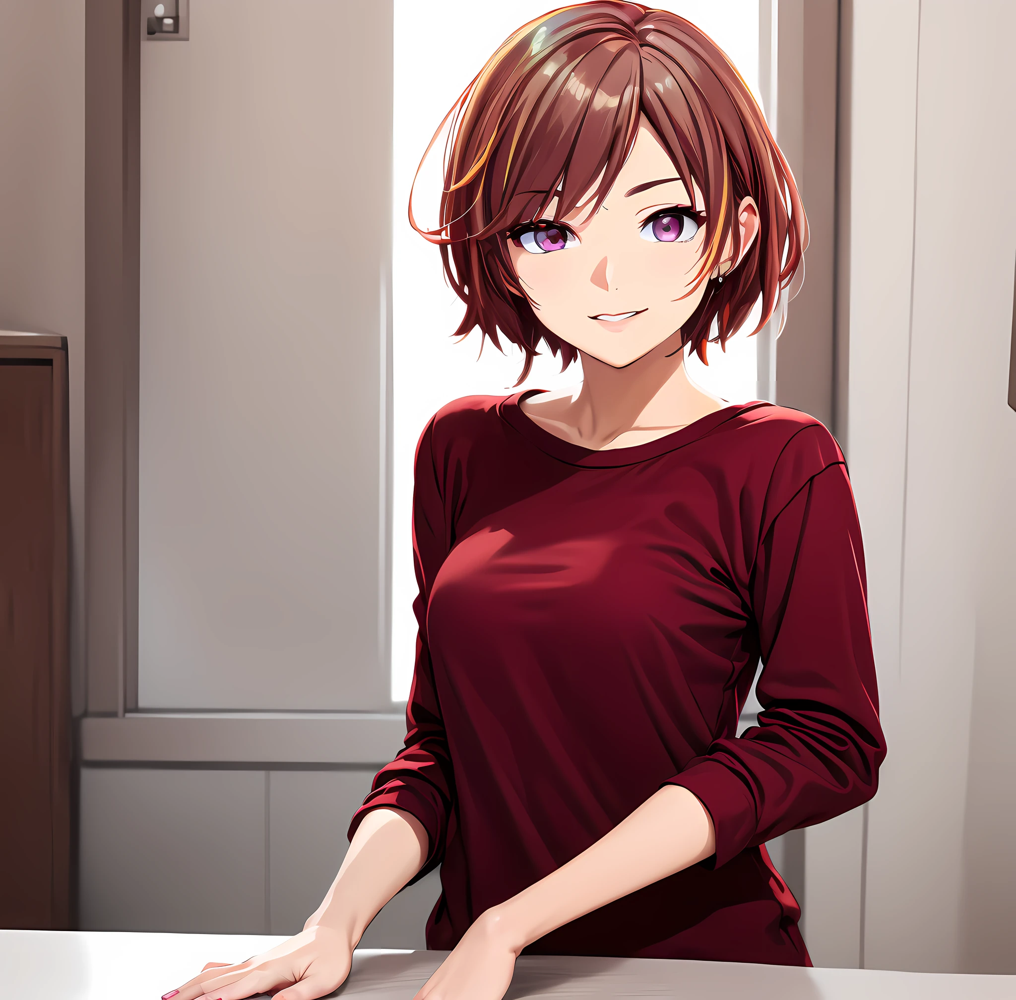 (((masterpiece))), (((best quality))), ((ultra-detailed)), (highly detailed CG illustration), ((an extremely delicate and beautiful)),((Dark wine-red t-shirt:1.5)), ((plain t-shirt:1.5)),((long sleeves:1.5)),(Casual T-shirt),(From a slight side angle), (The side of one arm is visible),(very loose T-shirt), ((blank t-shirt)), ((Dark wine-red coloured t-shirt:1.5)),((upper body:1.5)),portrait of an anime girl, t-shirt,1girl, solo,brown short hair, boyish girl,(dark burgundy eyes), short hair, looking at viewer,smiling,bad-girl,mature female, anime girl with short hair, (medium breasts:1.3), cute natural anime face, detailed anime soft face, cute anime face, flat anime style shading, face anime portrait, made with anime painter studio, semirealistic anime style, perfect anime face, extremely cute anime girl face, high detailed face anime, pretty anime face, semi realistic anime, detailed anime face