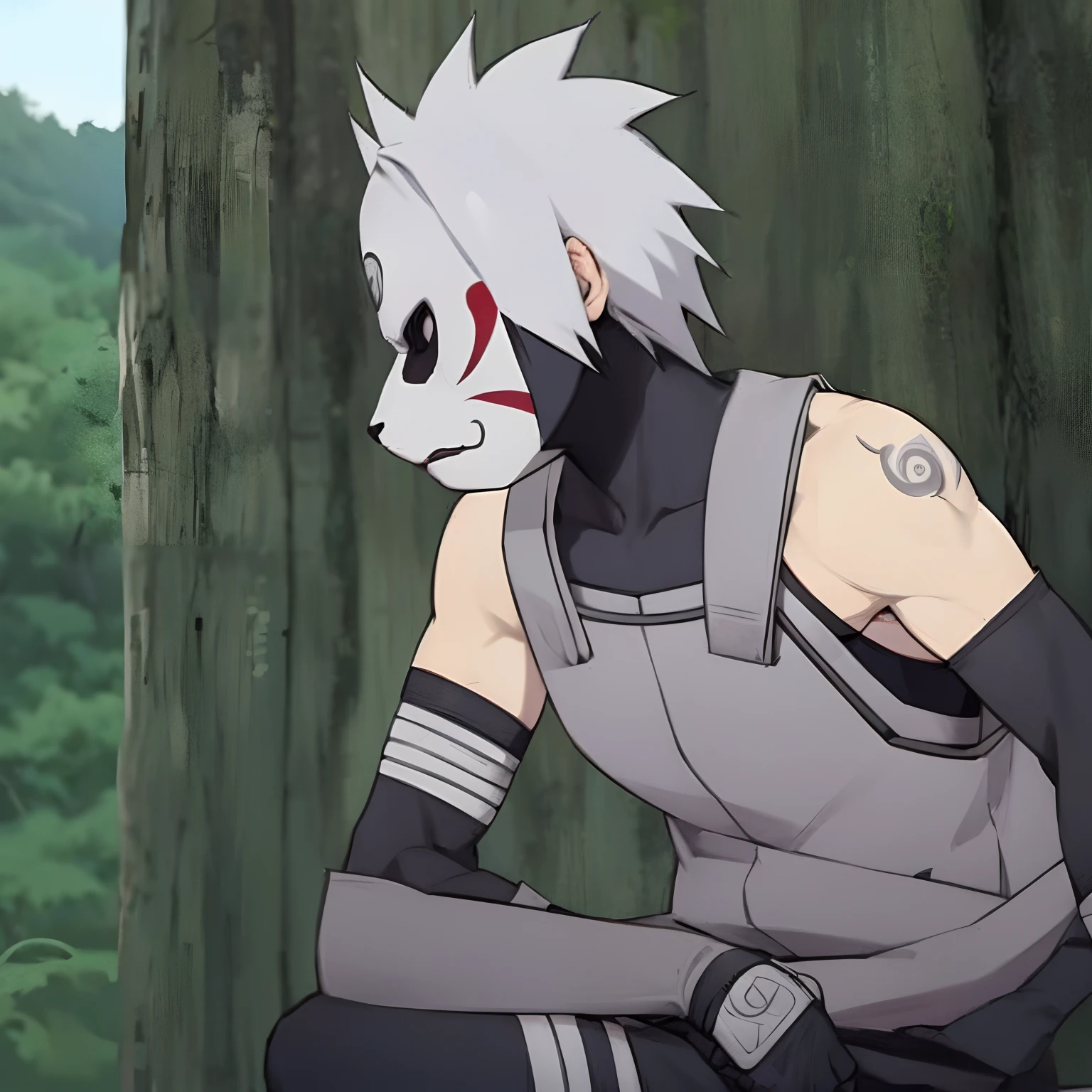 a close up of a person sitting on a tree trunk, kakashi hatake, joker as naruto, kakashi, anbu, white fox anime, pain from naruto, from naruto, wielding kunai, kabuto, badass pose, itatchi uchiha, shinobi, he has dark grey hairs, momoshiki ōtsutsuki