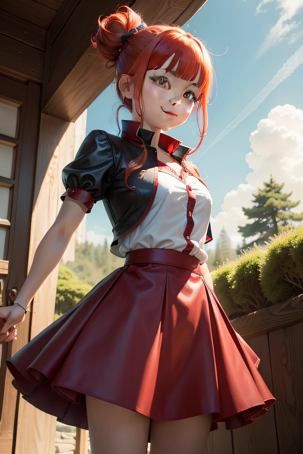 Female magician,12 year old girl,Puffy skirt,Qi bangs,Partial ponytail,red hair,Summoned Beast,ssmile,outside,himawari