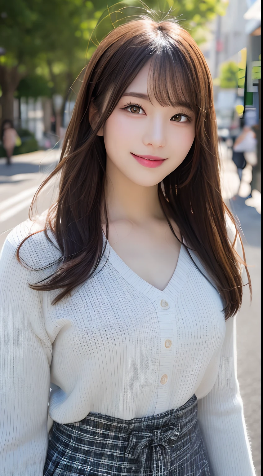 (Detailed skin:1.2),(Shiny skin:1.1),8K,Highest quality, masterpiece, Ultra-high resolution,(Realistic:1.4), RAW Photos,(Soft saturation:1.3),(Fair skin:1.2),Japanese Idols,repair,20 years, Light brown hair, （Long Hairstyles:1.2), Asymmetrical Hair, Asymmetrical bangs (Pretty face:1.4), (Large Breasts, Tight waist), Beautiful lighting, Small Head, (Student Uniform:1.2,),((White knee-high socks:1.2)),Highly detailed face, Highly detailed lips, fine grain, double eyelid,（Full Body Shot:1.2）, Browsing Caution, （Sharp focus: 1.2）, （Perfect ???????、Beautiful woman with perfect figure: 1.2）、Exposing cleavage、Model-like pose，Accentuate your leg lines、Smiling