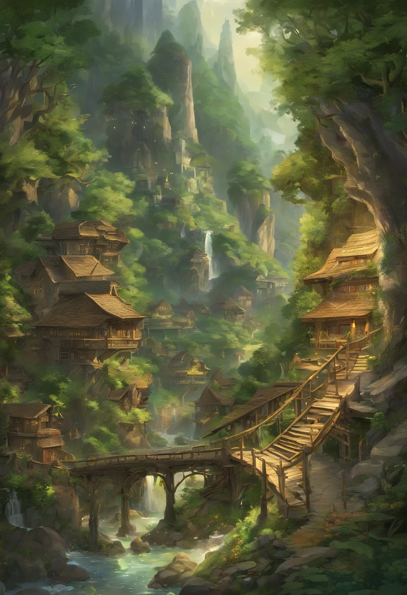 Nestled gracefully within the craggy embrace of towering, verdant mountains, this ethereal village stands as a testament to elven harmony with nature. Set against the steep, emerald-clad terrain, its homes and pathways are a harmonious blend of elven craftsmanship and the surrounding wilderness. Elaborate, spiral staircases of carved stone connect the dwellings, while slender bridges of finely hewn wood span glistening streams and cascading waterfalls, linking the tiers of this sylvan settlement.
The villagers live in harmony with the land, their homes adorned with intricate, nature-inspired carvings and nestled beneath canopies of ancient, moss-draped trees. Each terrace reveals breathtaking vistas of soaring peaks and serene valleys, where the light of the sun dances through the leaves in intricate patterns. Towering trees of alabaster birch, their slender branches reaching skyward, stand as guardians of the village.
Beyond the mountains' embrace, a dense forest of ancient oak and silver-leafed aspen extends its verdant fingers toward the village. Here, the elven inhabitants find solace and sustenance, gathering herbs, forage, and the finest timbers for their graceful craftsmanship. The air is a tapestry of woodland scents, infused with the fragrant embrace of blooming wildflowers and the songs of countless birds.
In this elven haven, where nature and artistry coexist in perfect harmony, the villagers exemplify the spirit of the woods they call home, resilient and resourceful, deeply connected to both the formidable mountains and the enchanting forest that cradles their timeless community.