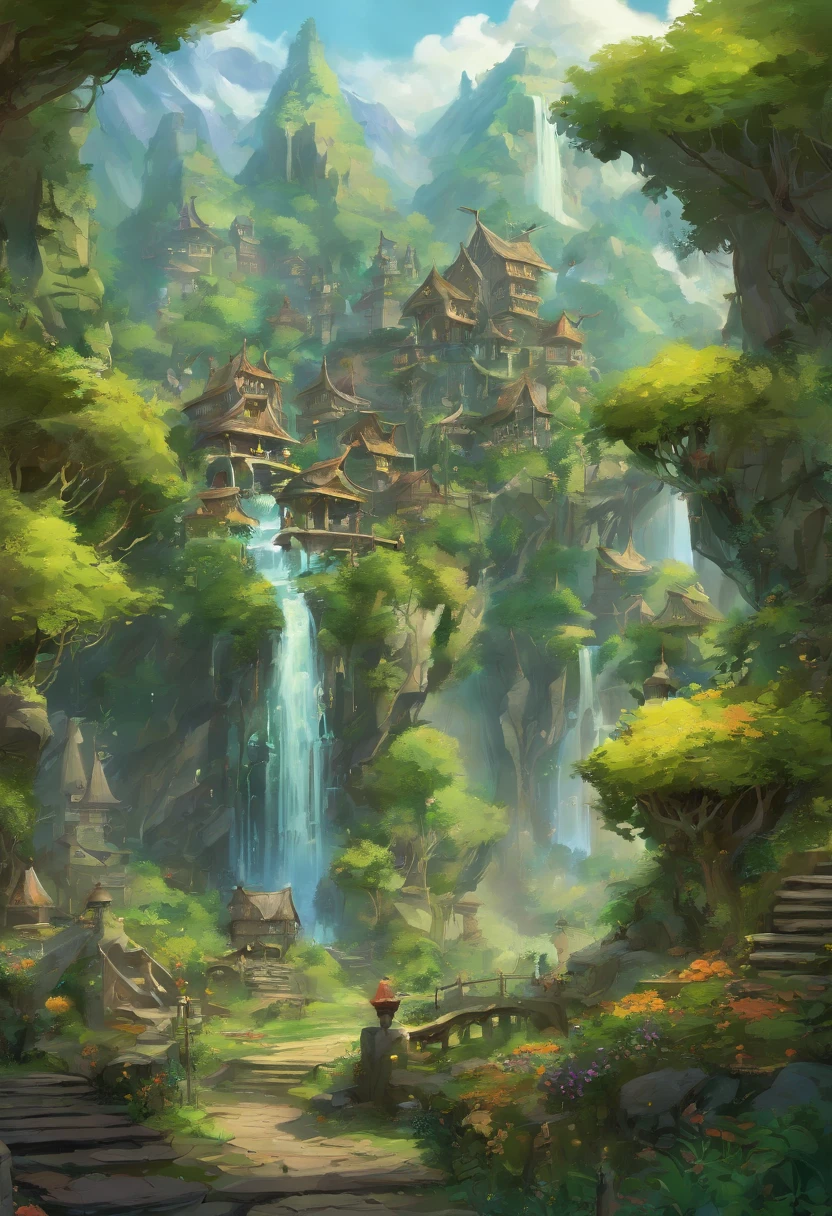 Nestled gracefully within the craggy embrace of towering, verdant mountains, this ethereal village stands as a testament to elven harmony with nature. Set against the steep, emerald-clad terrain, its homes and pathways are a harmonious blend of elven craftsmanship and the surrounding wilderness. Elaborate, spiral staircases of carved stone connect the dwellings, while slender bridges of finely hewn wood span glistening streams and cascading waterfalls, linking the tiers of this sylvan settlement.

The villagers live in harmony with the land, their homes adorned with intricate, nature-inspired carvings and nestled beneath canopies of ancient, moss-draped trees. Each terrace reveals breathtaking vistas of soaring peaks and serene valleys, where the light of the sun dances through the leaves in intricate patterns. Towering trees of alabaster birch, their slender branches reaching skyward, stand as guardians of the village.

Beyond the mountains' embrace, a dense forest of ancient oak and silver-leafed aspen extends its verdant fingers toward the village. Here, the elven inhabitants find solace and sustenance, gathering herbs, forage, and the finest timbers for their graceful craftsmanship. The air is a tapestry of woodland scents, infused with the fragrant embrace of blooming wildflowers and the songs of countless birds.

In this elven haven, where nature and artistry coexist in perfect harmony, the villagers exemplify the spirit of the woods they call home, resilient and resourceful, deeply connected to both the formidable mountains and the enchanting forest that cradles their timeless community.