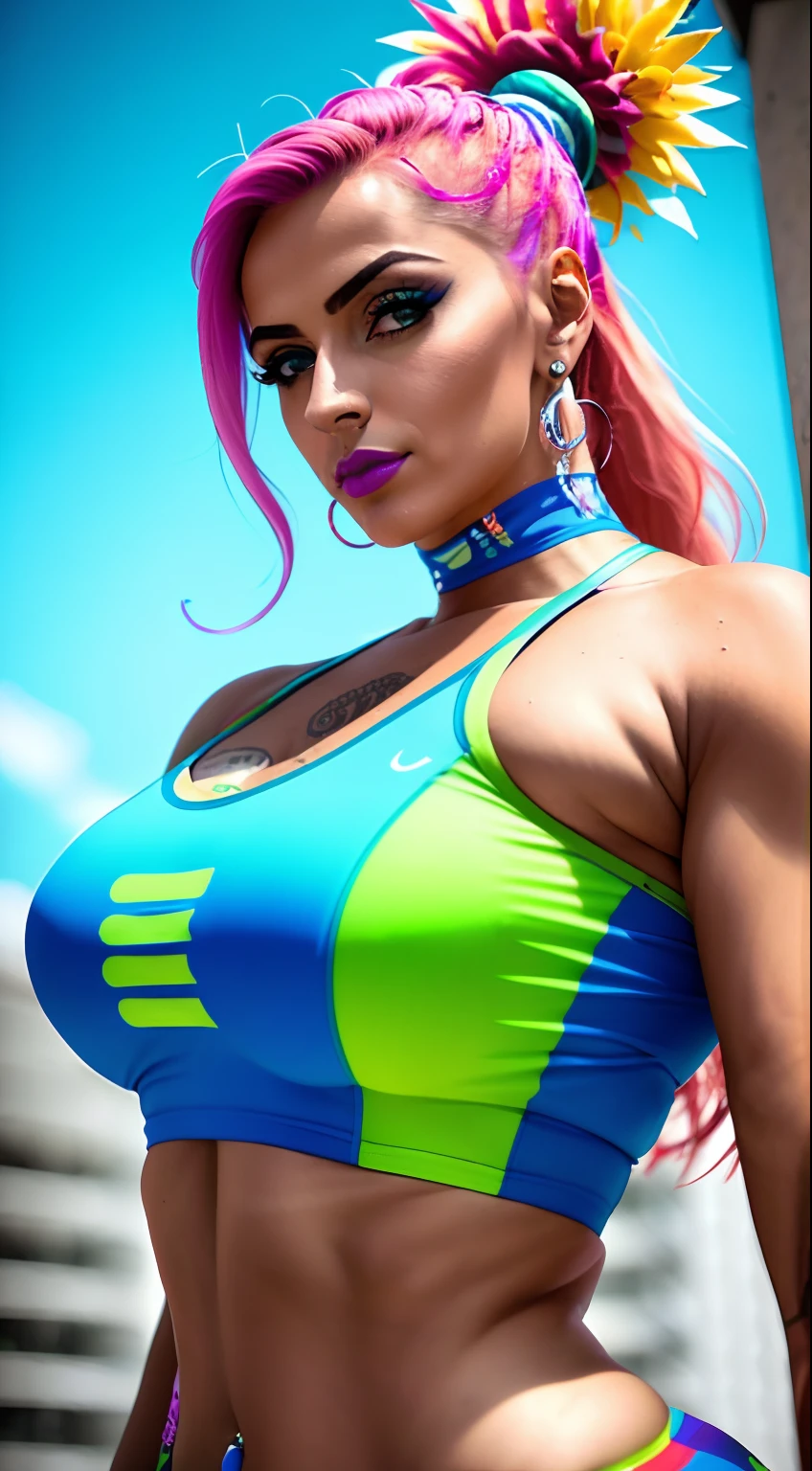 fotografia de uma mulher monstro bonita .Shot from a Dutch angle ,fechar para cima , head shoot. ,cores vibrantes ,tecendo um vestido moderno de corpo inteiro, mulher punk . fundo desfocado. esguio, (seios pequenos),