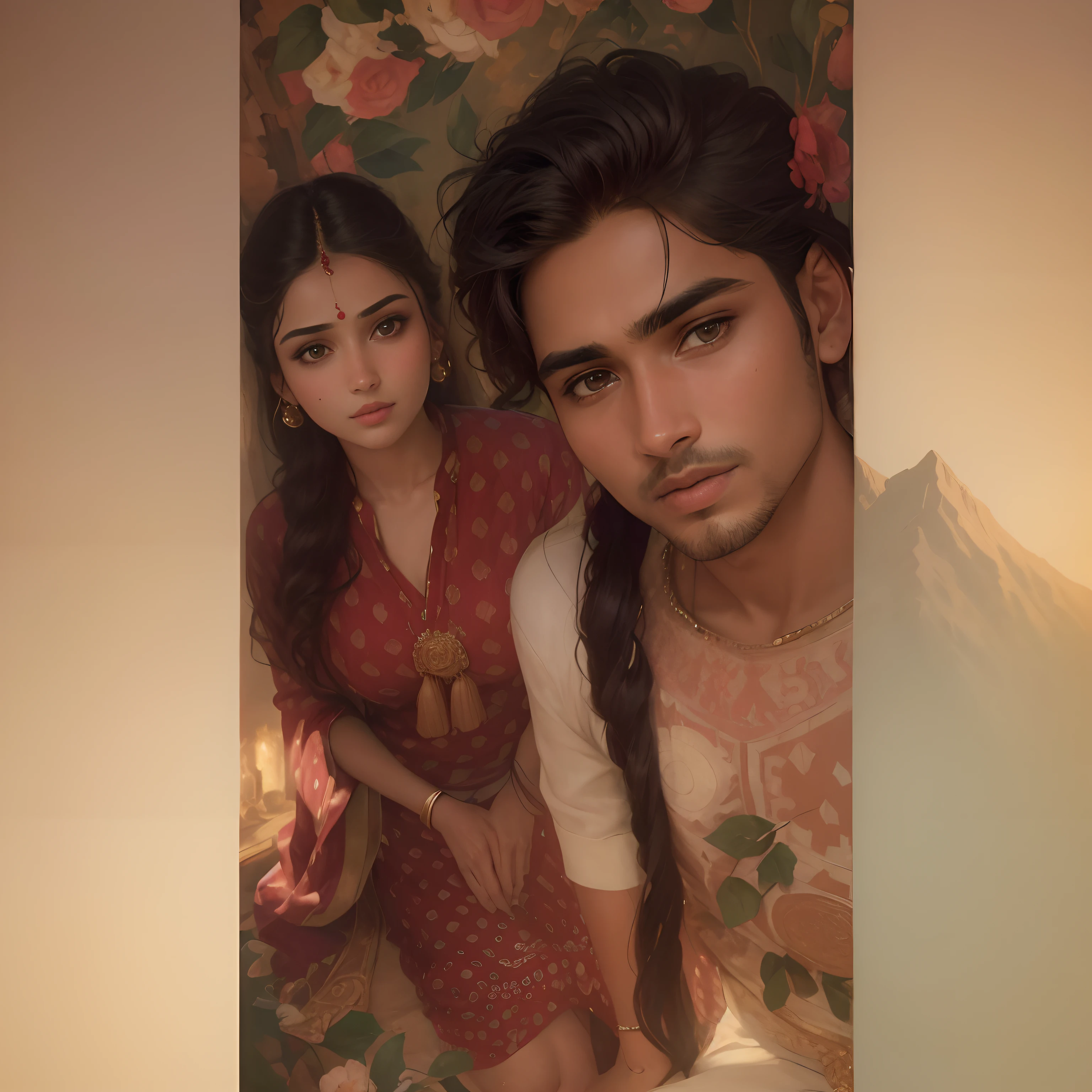 (Best quality, 4k, Masterpiece :1.3), pretty,cute couple, handsome boy, beautiful indian girl, great scenery,high detail fave, girl with big tits