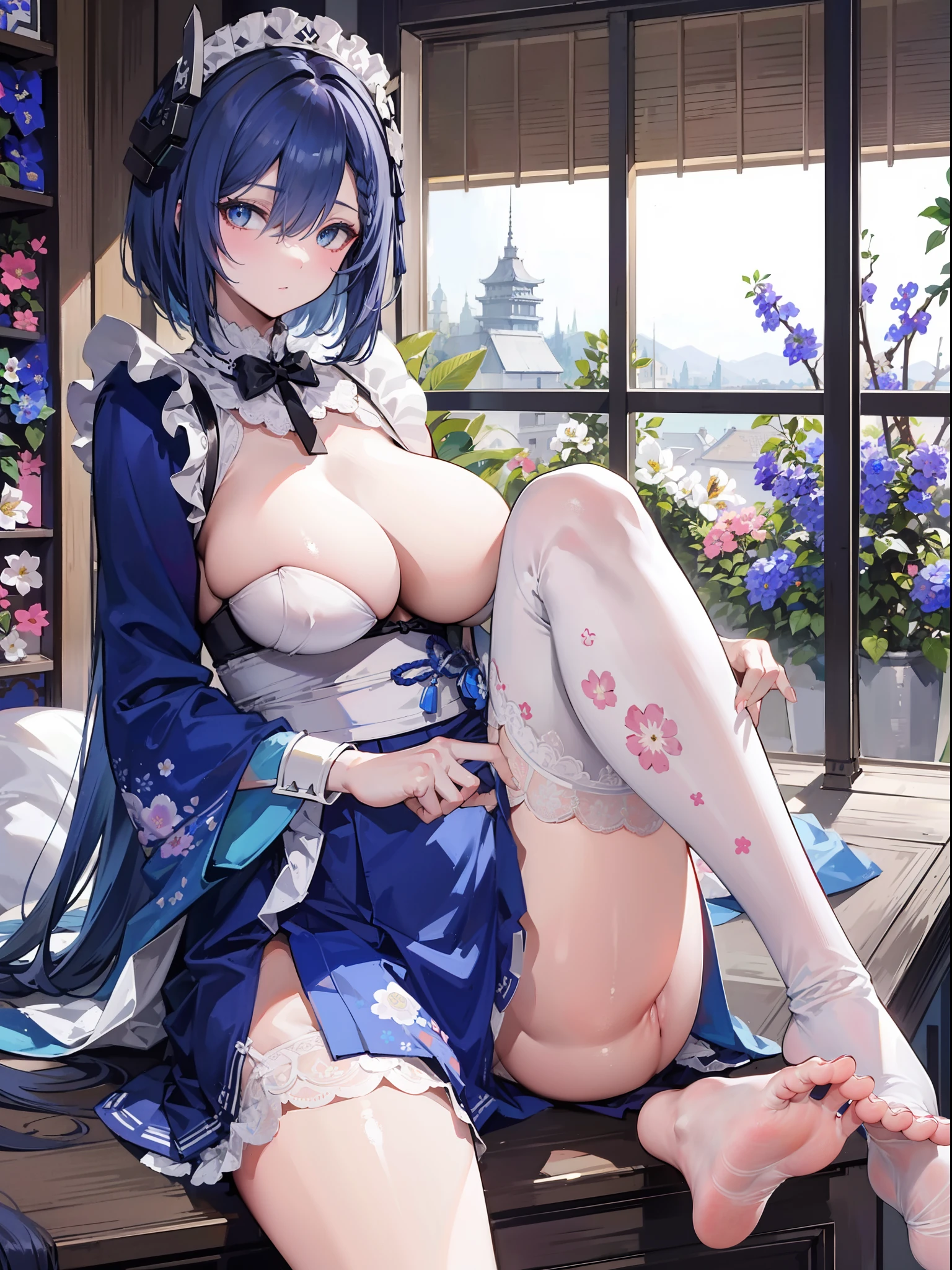 Best Quality, (Extremely detailed: 1.5), masutepiece, 超A high resolution,(photographrealistic:1.4), 1 ADLT female, Cowboy Shot, (Wear battle armor:1.6), (Blue kimono with floral pattern:1.6), (maid:1.6), Blue Maid Microskirt, Holding a spear, Cheerful, Blue hair, (bob cuts:1.2), Curly hair, (Big eyes:1.1), (Raw feet:1.3),Big breasts, Wind, Dynamic Angle, Dynamic Pose, cloaks