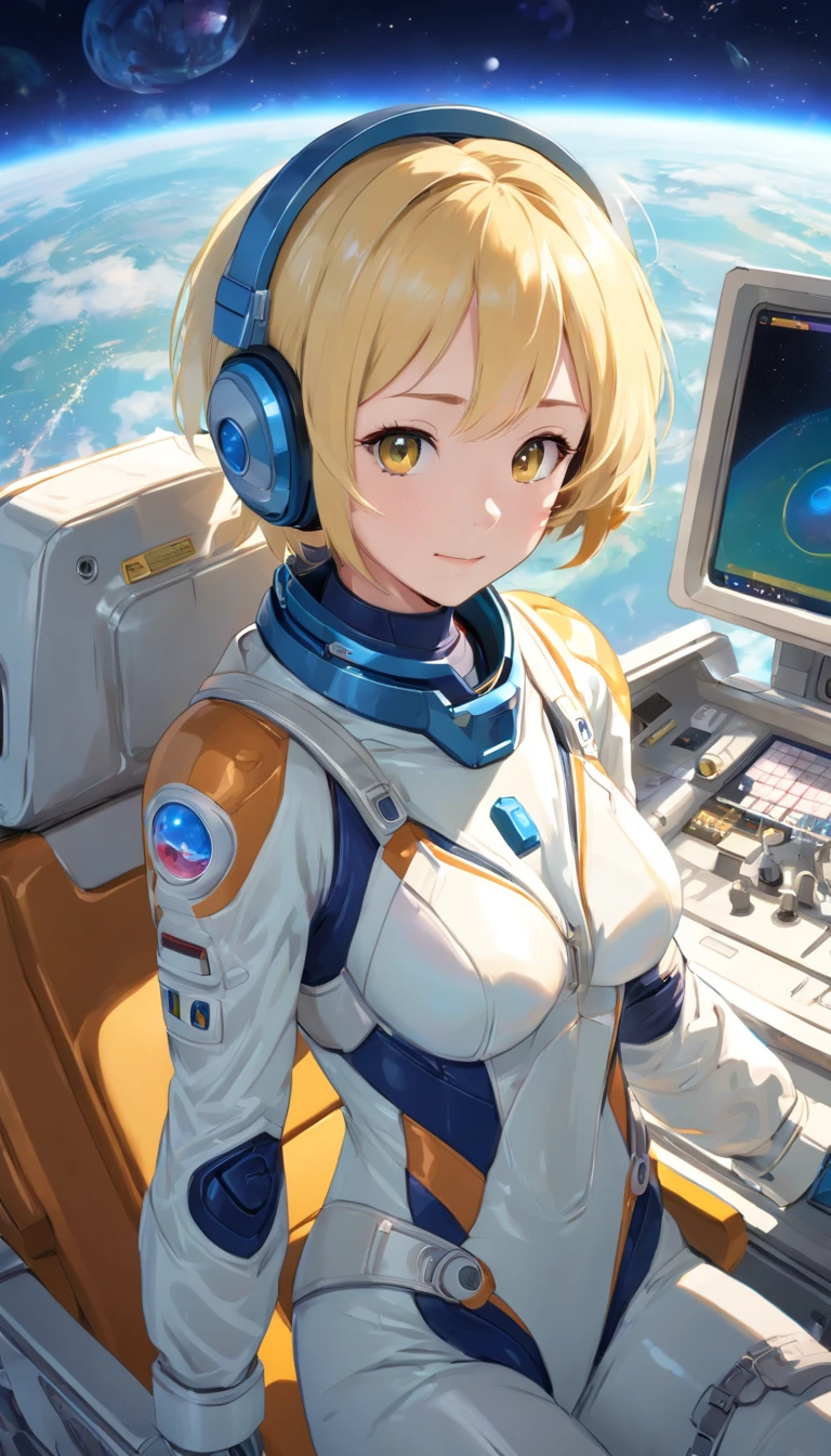 ​masterpiece、top-quality、The ultra -The high-definition、Top resolution、ighly detailed、profetional lighting、illustratio、(Futuristic spaceship interior interior)、(Inside the space station)、Space passenger aircraft seats、bustshot,1人の女性,(space helmet):1.8,(space suits:1.4),(Glossy Latex Silver Bodysuit):1.3,(deadpan:1.5),(real  face):1.5,(Blonde Shorthair):1.2,(Yellow hair), Shining hair ornament, head phone,space suits,Colossal tits、(A slight smil:1.0)、pretty skin、