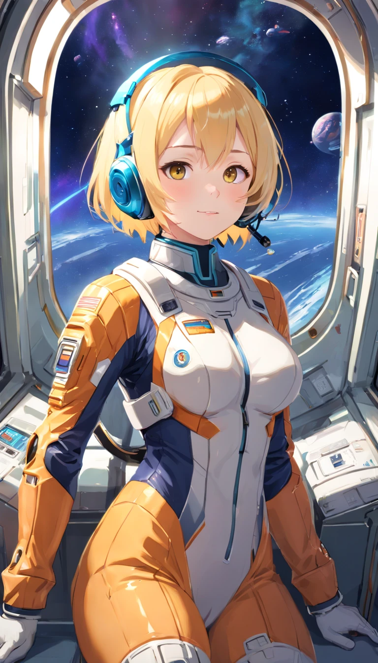 masterpiece、top-quality、The ultra -The high-definition、Top resolution、ighly detailed、profetional lighting、illustratio、(Futuristic spaceship interior interior)、(Inside the space station)、Space passenger aircraft seats、bustshot,1人の女性,(space helmet):1.8,(space suits:1.4),(Glossy Latex Silver Bodysuit):1.3,(deadpan:1.5),(real face):1.5,(Blonde Shorthair):1.2,(Yellow hair), Shining hair ornament, head phone,space suits,Colossal tits、(A slight smil:1.0)、pretty skin、
