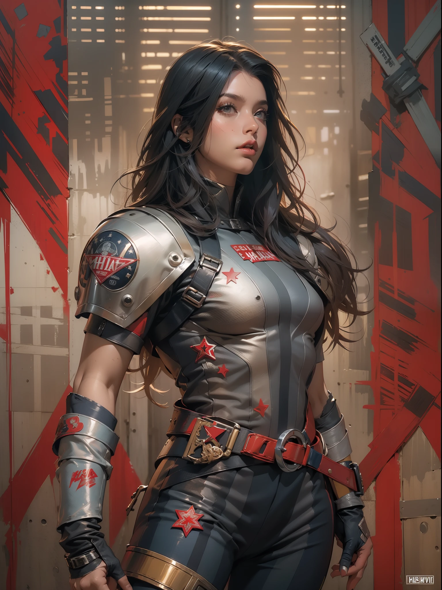 (((mulher))), (((melhor qualidade))), (((obra prima))), (((adulto))), (((1girl))), ((( corte de cabelo bob ))), Uma gladiadora cyberpunk mulher de 25 anos com corpo perfeito, shoulder pads with metal spines, Gladiadores do Brooklyn, (( corte de cabelo bob )), tiny leather panties, camiseta de time de rugby rasgada, quase nua no estilo selvagem urbano de Simon Bisley para a capa da revista Heavy Metal, Cabelo loiro curto, Minimum clothing, Metal protection on the left arm with intricate graphics, Dark red with white stars and white and navy blue checkerboard pattern, armadura, cheio de pontas e rebites, (((do joelho pra cima))), cabelos loiro branco curto, no fundo uma parede pintada por Shepard Fairey com um design intrincado