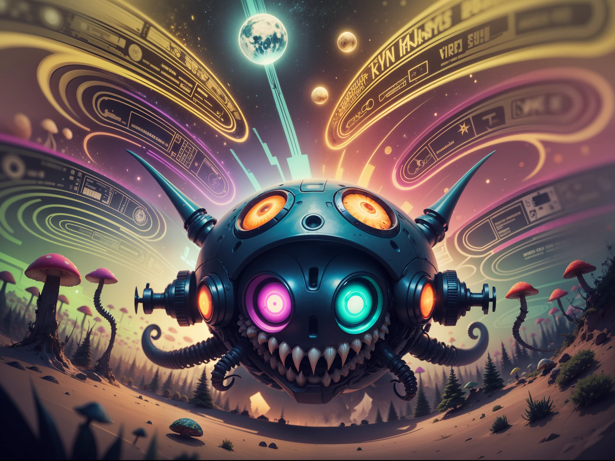 Alien , cyber , 8k , viele details , hyperrealistisch , alien , deviantart , psycedelic , mandelbrot fraktal , dichter und Bunter Pilzwald , viele Pilze psycedelic , unbekannter Planet , fremde Welt , Bei Nacht viele sterne , viele bunte farben , Bold colors , neon farben , dynamisches Licht , Mushroom , Pilze , Pilzwelt , psycedelic Alien:1.2