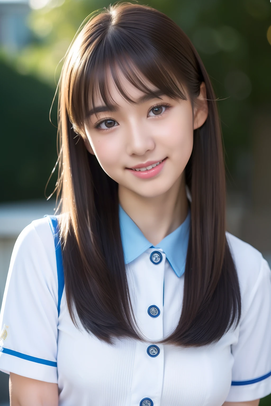 (ultra-detailliert、A hyper-realistic: 1.3)、Cute Korean teen with a dazzling smile、(8K、Raw photo、Background blur: 1.2)、(bangss、Ultra-realistic skin texture: 1.4)、(cute light blue blouse: 1.5)