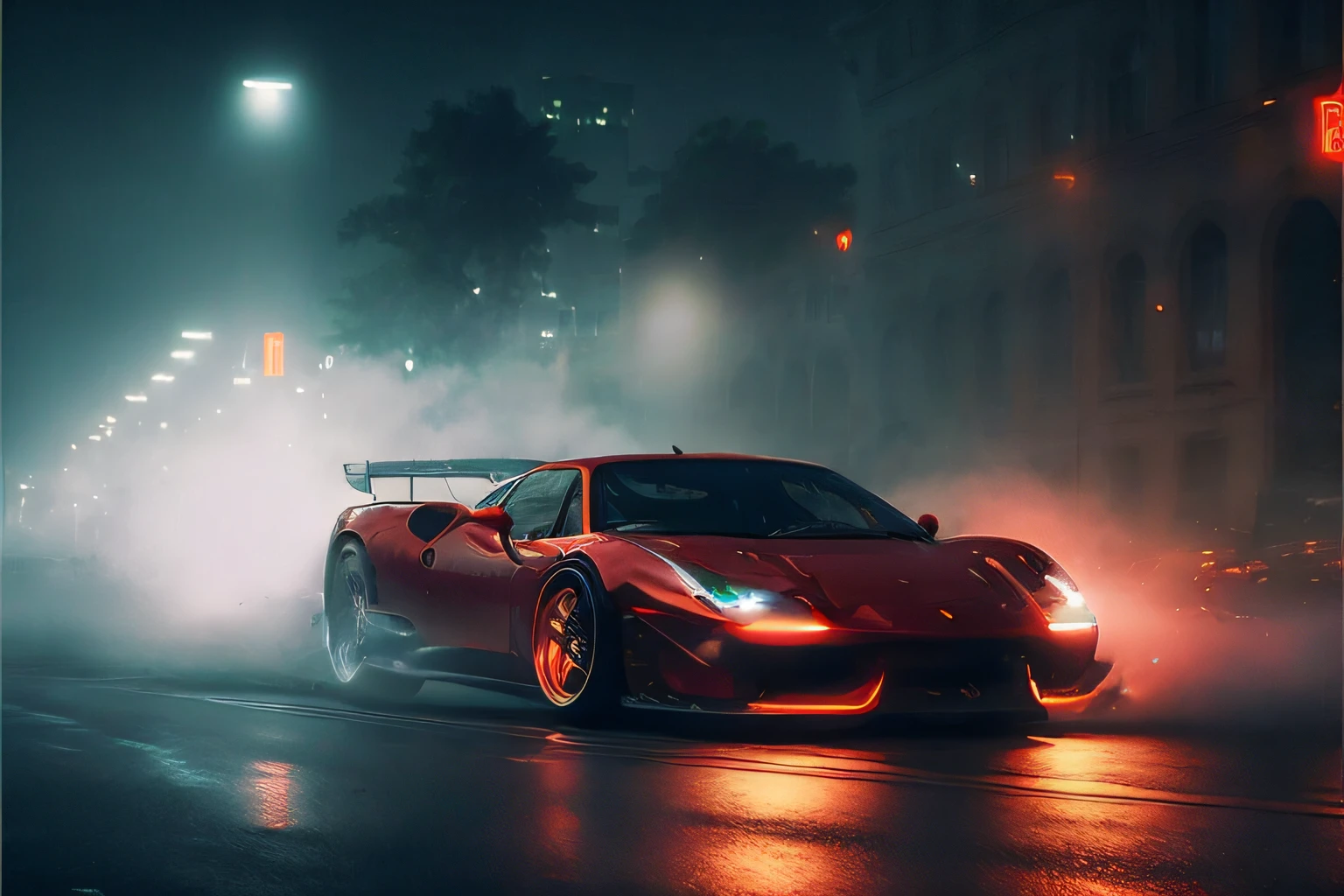 arafed Ferrari sports car driving on a city street at night, wallpaper 4 k, wallpaper 4k, 4 k wallpaper, 4k wallpaper, 8 k hd wallpaper, 8k hd wallpaper, cinematic 4k wallpaper, cinematic 4 k wallpaper, neon fog, hq 4k phone wallpaper, hq 4k wallpaper, 4 k hd wallpaper, 4k hd wallpaper