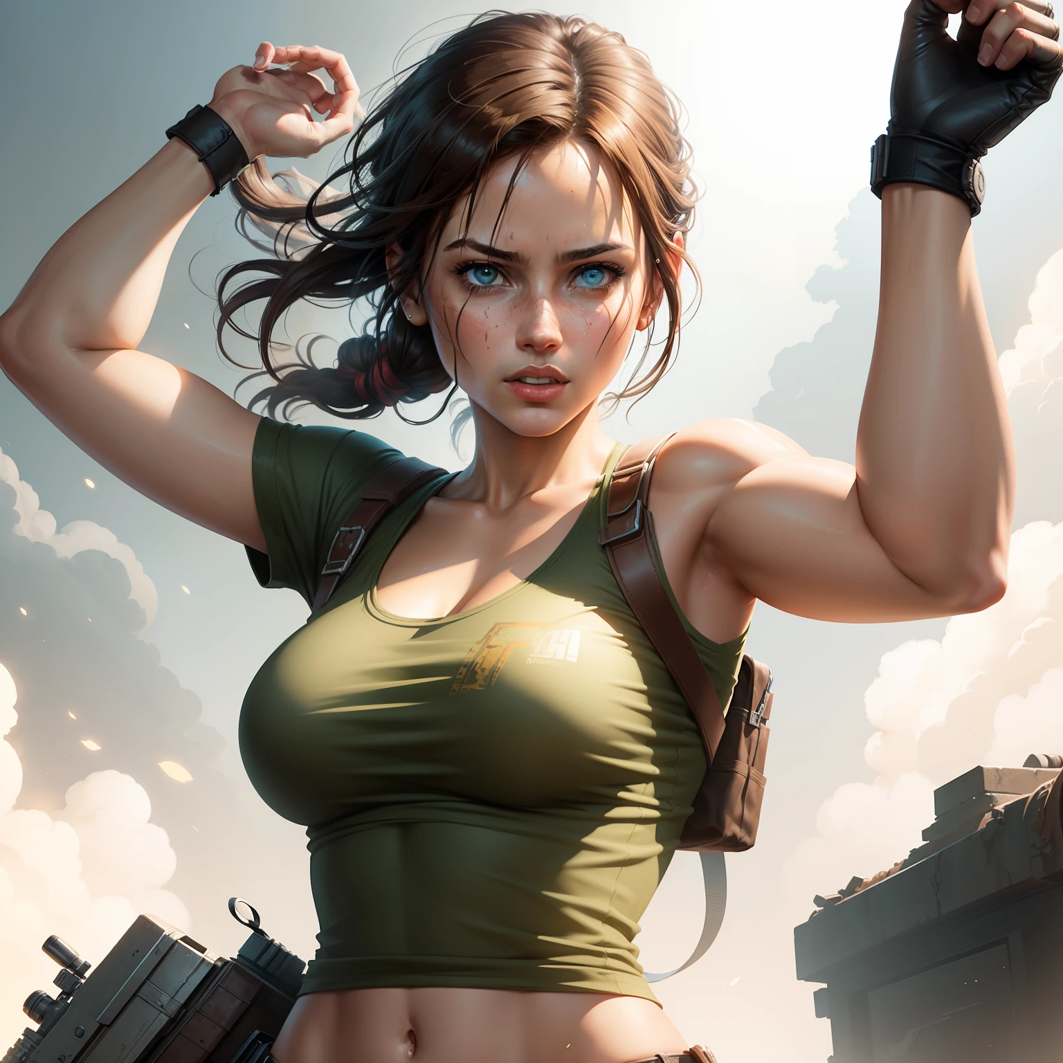 realism style, t-shirt design, centered artwork, 2D vector, watercolor, Lara Croft Tomb Raider, white background, Adobe Illustration, Trending on Artstation, hd, 8K, intricate details, vibrant eyes, gorgeous art, masterpiece, by Rafael Albuquerque , luminosity by REMBRANDT