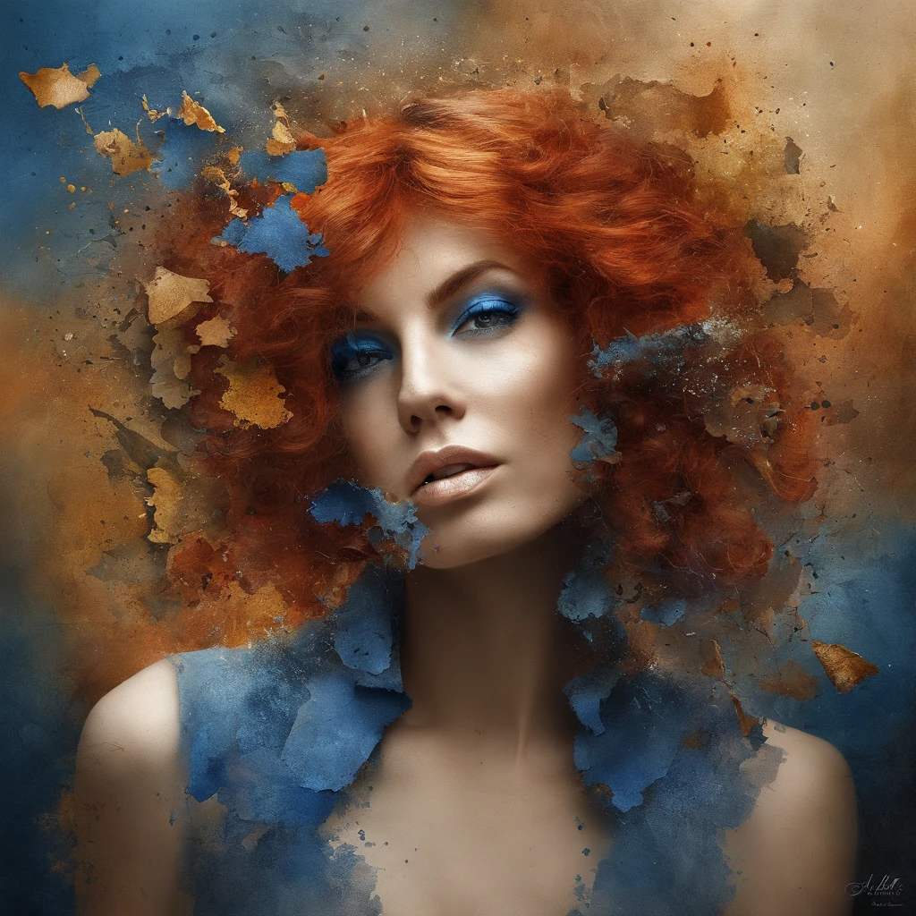 3D Puzzle , mulher de beleza olhando , redhead, Ogiva explosiva, machine parts embedded into face, volatile, inspirado em Igor Morski, dramatic artwork, photomanipulation, photo manipulation, Disintegration,, explosion of data fragments, zumbido, arte oficial, incrivelmente alto detalhou, arte do photoshop, Noise effect, azul escuro