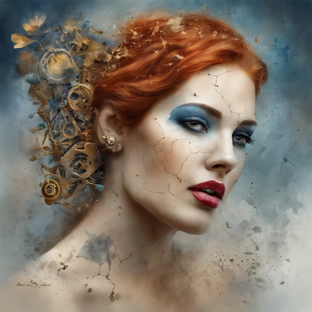 3D Puzzle , mulher de beleza olhando , redhead, Ogiva explosiva, machine parts embedded into face, volatile, inspirado em Igor Morski, dramatic artwork, photomanipulation, photo manipulation, Disintegration,, explosion of data fragments, zumbido, arte oficial, incrivelmente alto detalhou, arte do photoshop, Noise effect, azul escuro