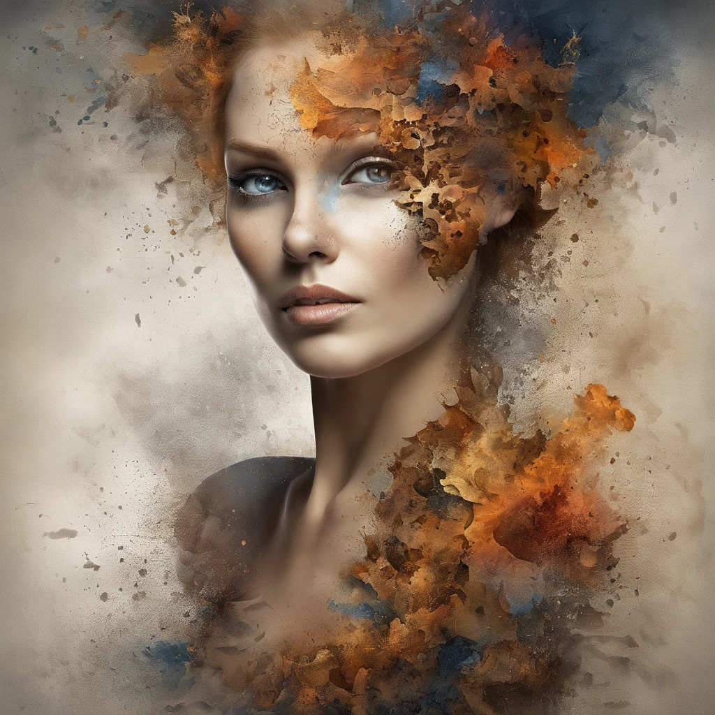 3D Puzzle , mulher de beleza olhando , redhead, Ogiva explosiva, machine parts embedded into face, volatile, inspirado em Igor Morski, dramatic artwork, photomanipulation, photo manipulation, Disintegration,, explosion of data fragments, zumbido, arte oficial, incrivelmente alto detalhou, arte do photoshop, Noise effect, azul escuro