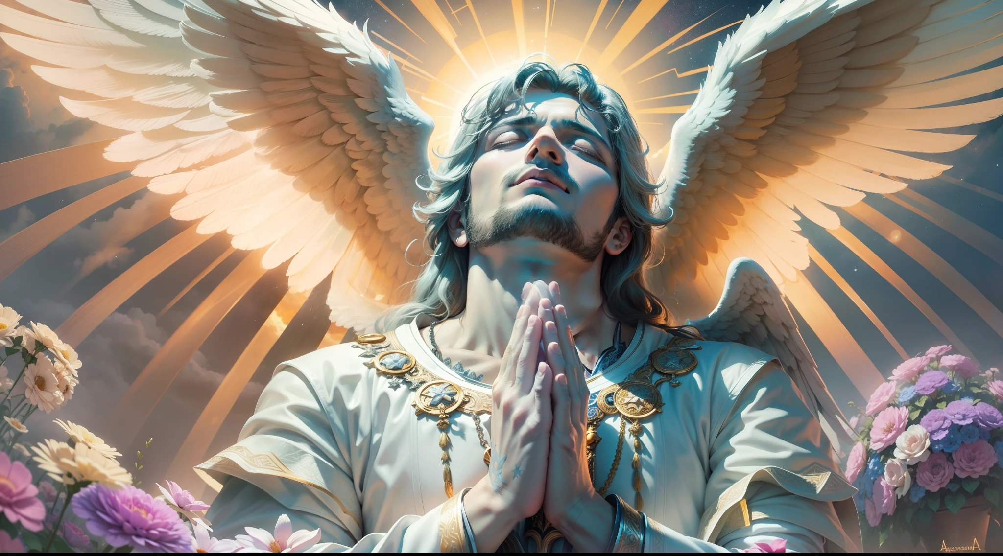 Closeup of an image of a man angel praying and blessing, arcanjo homem com asas grandes, o anjo da fortuna, perfeito, Reslistic, Biblical setting, celestial scenery, sol e nuvens ultras realistas, flores e velas, illuminated archangel of heaven, Passes in the background, flores coloridas, velas acesas