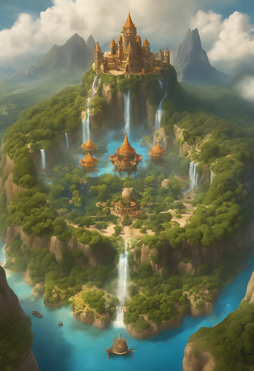 a group of flying islands, many floating islands, halo, game map, Hyrule, Ancient Fantasy Regional Map, Highly detailed map,Detailed Map, Height Map，world map、Isekai Map、Map of the Kingdom、Otherworldly Adventure K HD、meticulous、view from above, Spread up，pixel art, magic floating islands, castles and towers, waterfall in the air,
