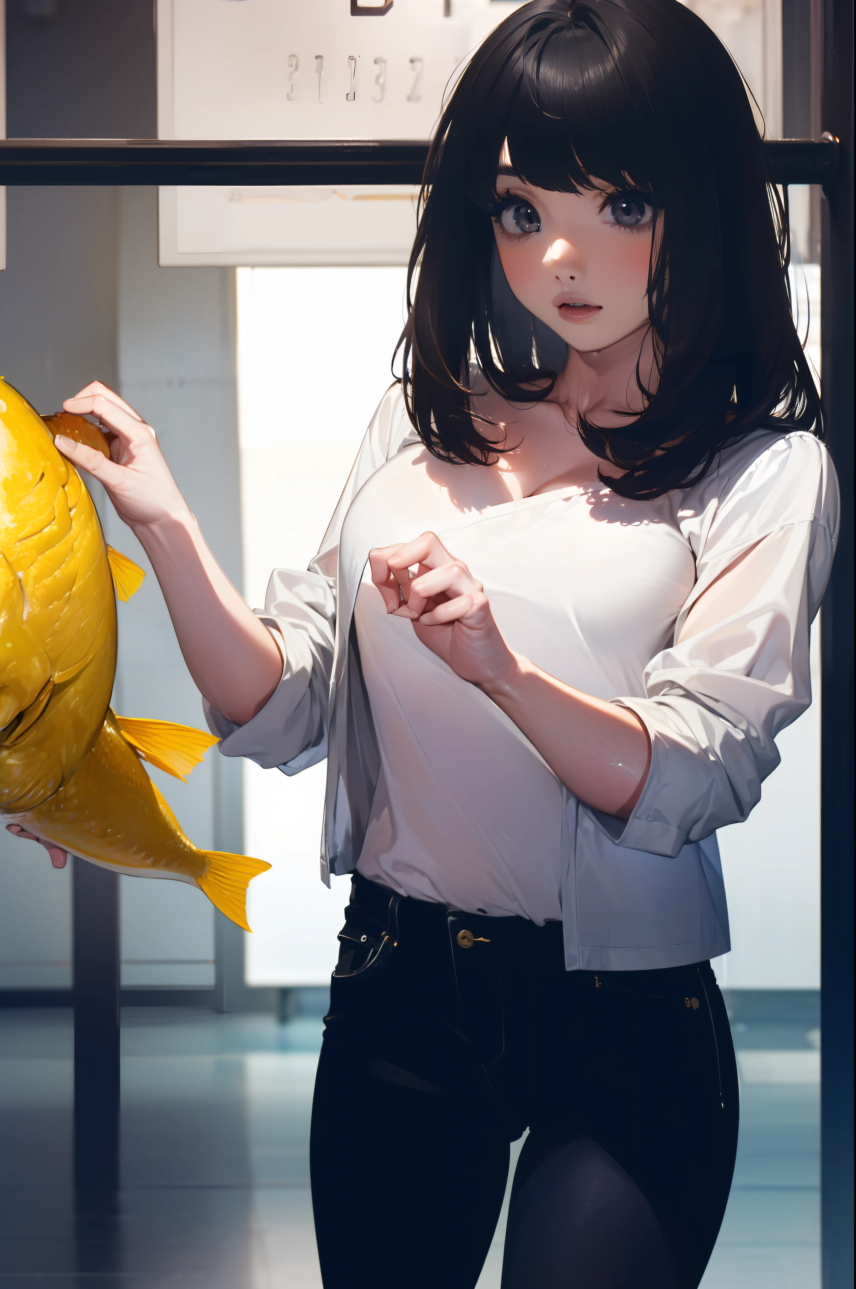 ((((catching a big fish by the lakeside:1.5)))),((Female 28 years old)),((Best Quality:1.5)),(((Hands with the correct number and structure of fingers:1.4))),((Big fish:1.37)),hight resolution,ultra-detailliert,masterpiece,best qualtiy,(Eight-headed body),Black hair, long eyes-lashes, Solid Circle Eyes, drop shadow, Atmospheric perspective,Super Detail, ccurate, small brest,(Black jacket and black jeans :1.1),top-quality, blurry backround, bokeh dof:1.2, (masterpiece:1.3), Atmospheric perspective,Super Detail,dynamic compositions,