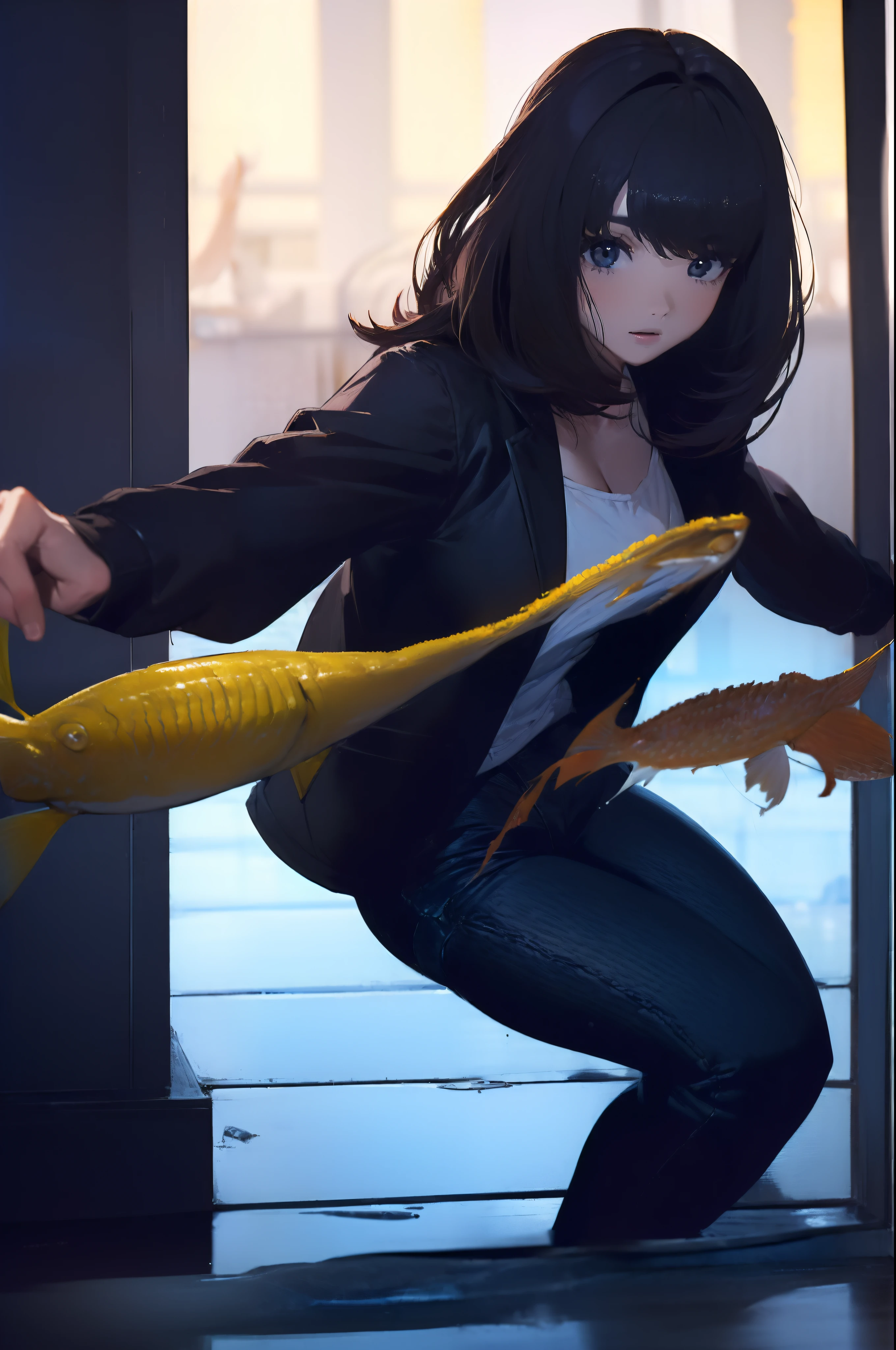 ((((catching a big fish by the lakeside:1.5)))),((Female 28 years old)),((Best Quality:1.5)),(((Hands with the correct number and structure of fingers:1.4))),((Big fish:1.37)),hight resolution,ultra-detailliert,masterpiece,best qualtiy,(Eight-headed body),Black hair, long eyes-lashes, Solid Circle Eyes, drop shadow, Atmospheric perspective,Super Detail, ccurate, small brest,(Black jacket and black jeans :1.1),top-quality, blurry backround, bokeh dof:1.2, (masterpiece:1.3), Atmospheric perspective,Super Detail,dynamic compositions,