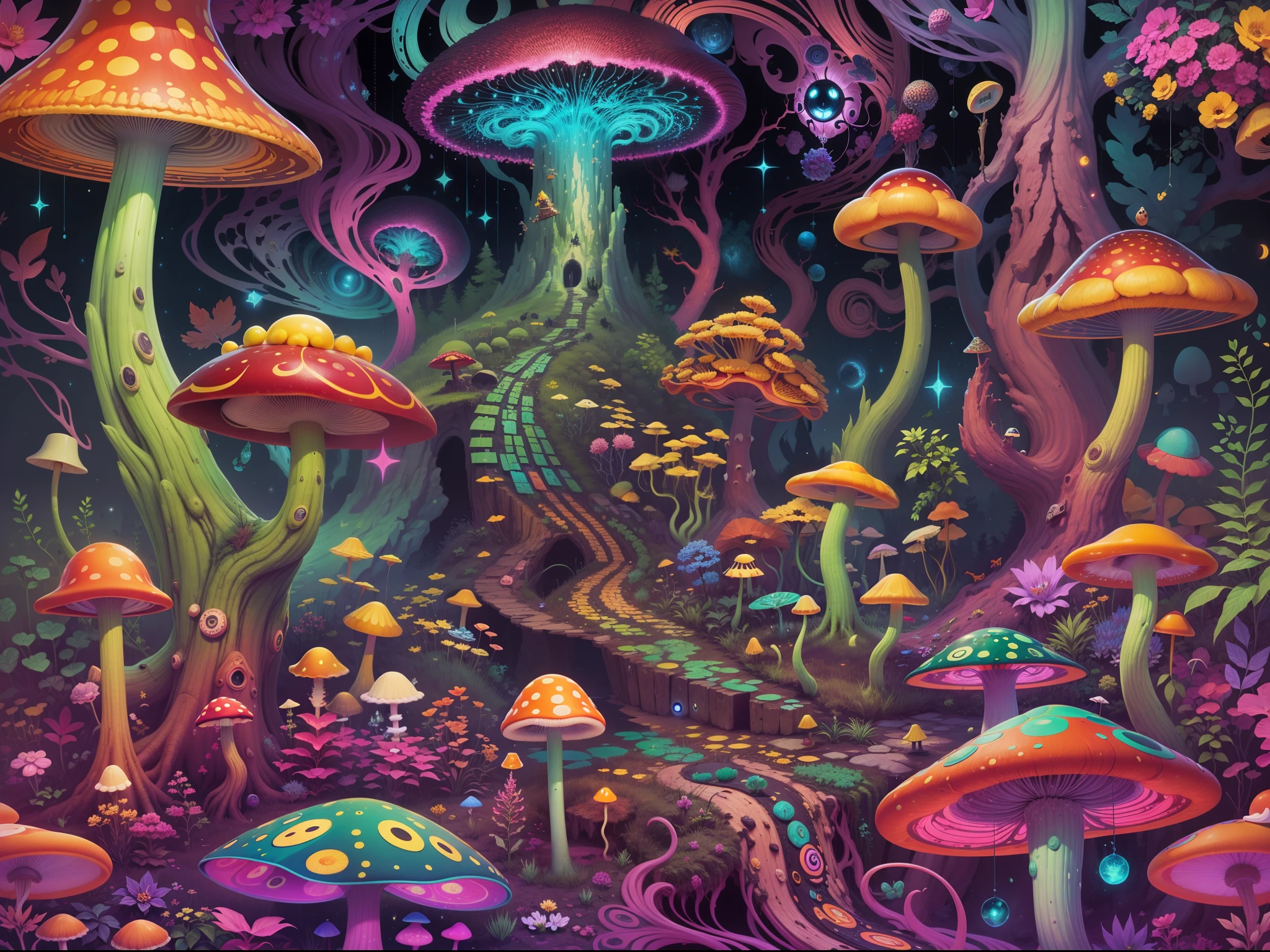 Alien surreal , 8k , viele details , hyperrealistisch , alien , deviantart , psycedelic , mandelbrot fraktal , dichter und Bunter Pilzwald , viele Pilze psycedelic , unbekannter Planet , fremde Welt , Bei Nacht viele sterne , viele bunte farben , Bold colors , dynamisches Licht , Mushroom , Pilze , Pilzwelt , psycedelic Alien:1.2