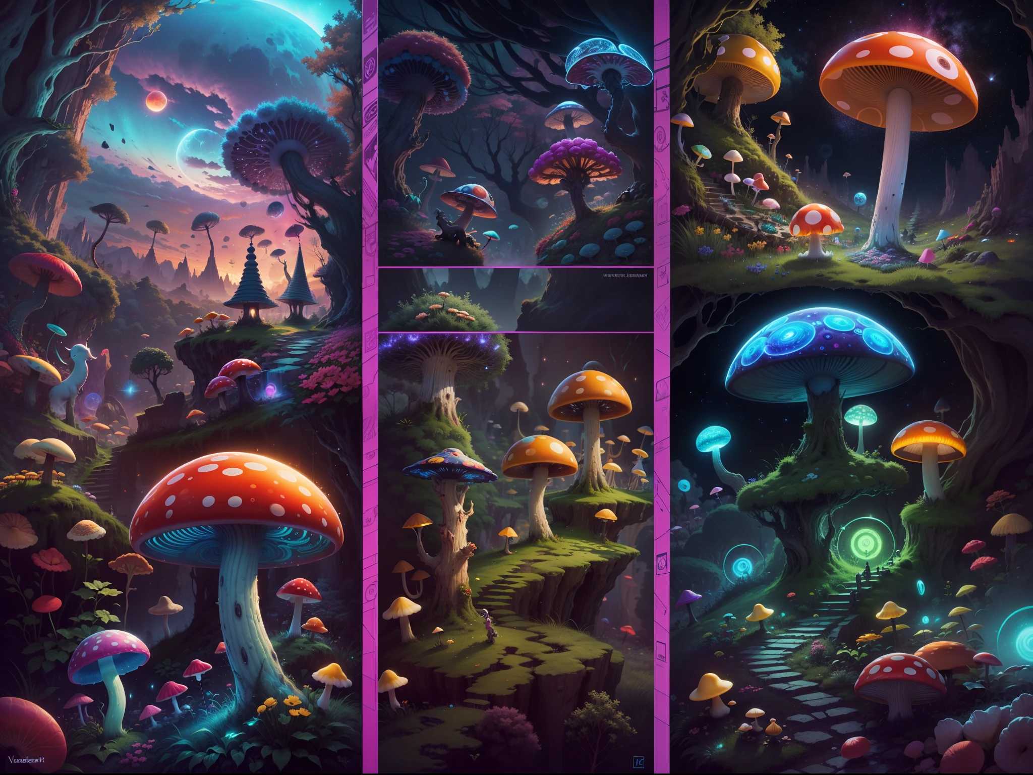 Alien surreal , 8k , viele details , hyperrealistisch , alien , deviantart , psycedelic , mandelbrot fraktal , dichter und Bunter Pilzwald , viele Pilze psycedelic , unbekannter Planet , fremde Welt , Bei Nacht viele sterne , viele bunte farben , Bold colors  , dynamisches Licht , Mushroom , Pilze , Pilzwelt , psycedelic Alien:1.2