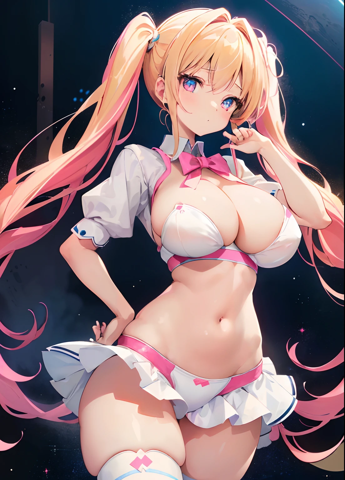 masterpiece, best quality, finely detailed, high resolution, 1girl, blonde hair, long pigtails,  blue eyes, big eyes, sexy, preppy, showing butt, fskinny waist, big hips,  (huge breasts), narrow waist, (huge thighs), space girl, pink sparkles, sparkles, bright pink eyes, neon pink eyes, neon blue eyes