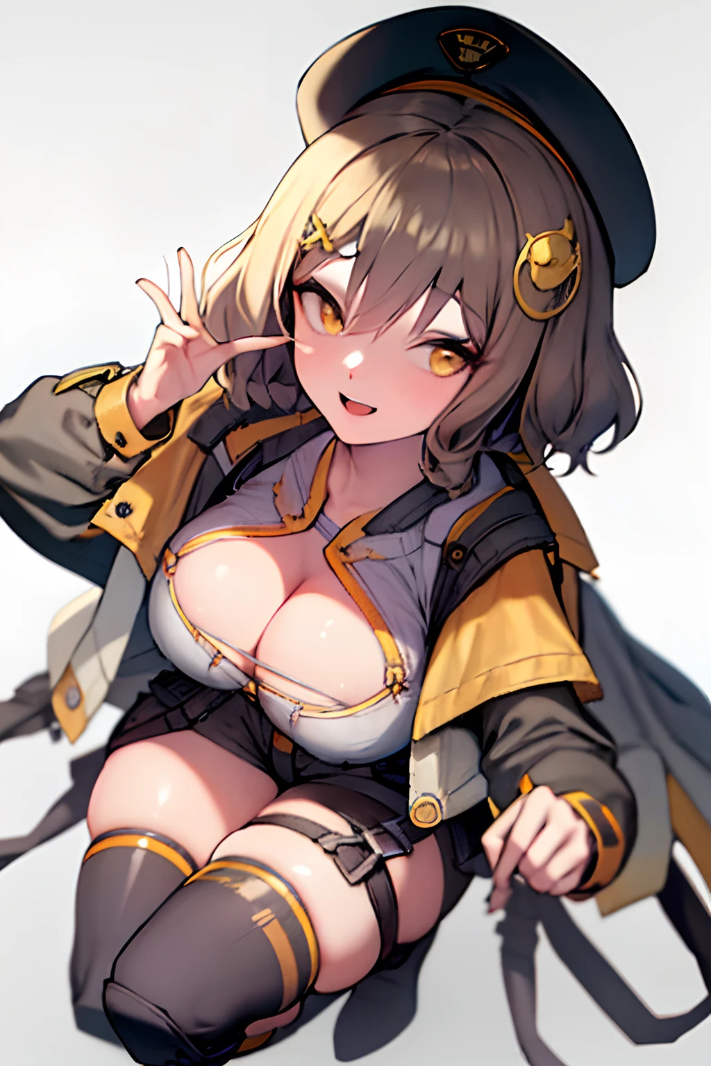 1girl, solo, nikkeanis, aniswear, cross-eyed, short_hair, open_mouth, large_breasts, brown_hair, hair_ornament, thighhighs, hat, cleavage, brown_eyes, jacket, yellow_eyes, knee pads, boots, shorts, black_thighhighs, beret, short shorts,