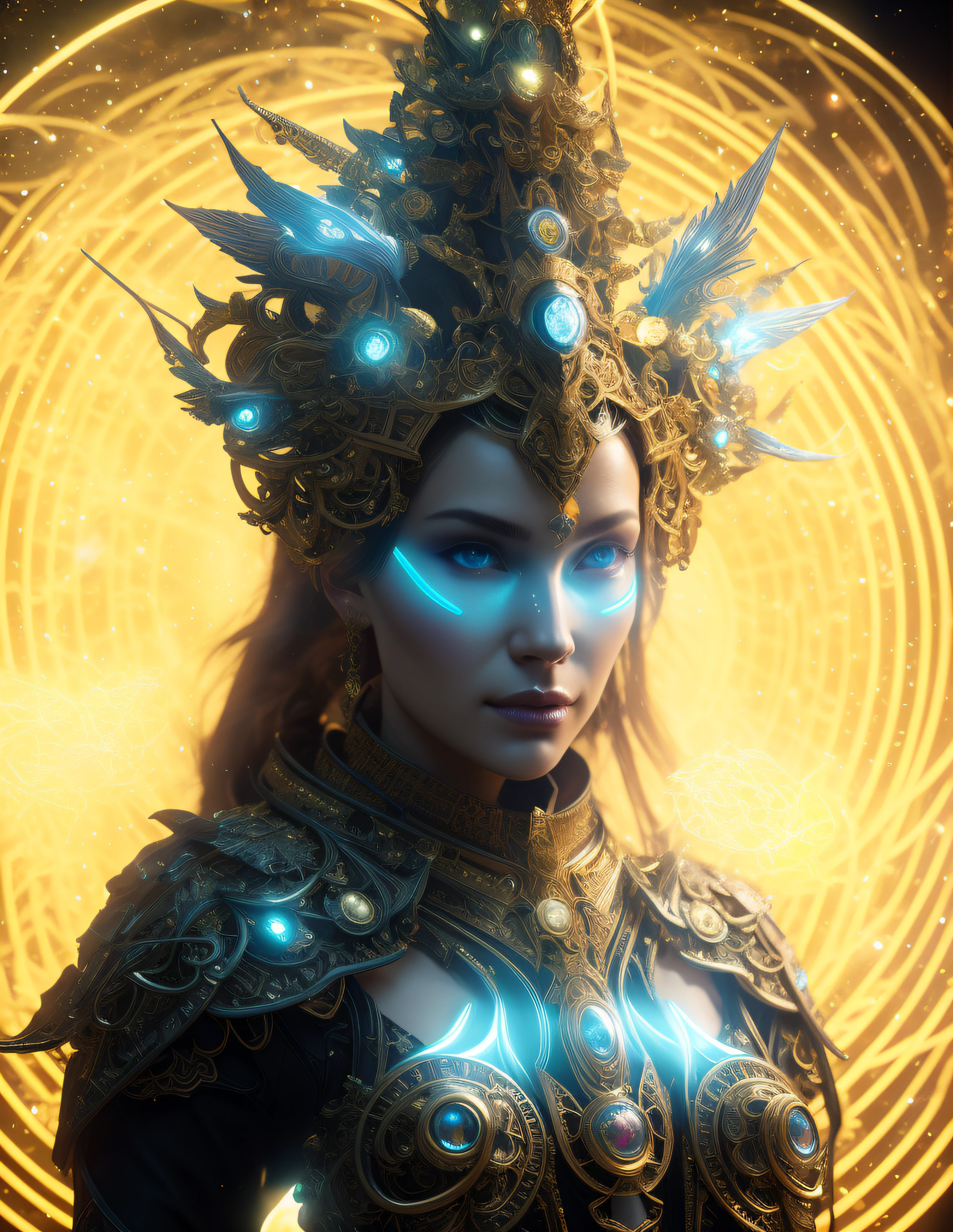Algorithmically enhanced random close-up view of a beautiful Goddess covered in powerful Ultra Arcane magic sigils wearing an intricate living lightning fractal crown and lavishly adorned attire reflecting tactical sun-motes and diamond moon shards, quasi-cosmic vortex sub-model, bright nebulae in the background, 7th-Sphere characterized, golden ratio-ed, inner bio-illuminated geometry, starkest contrast,flagrantly fibonacci formulated, dynamic bi-lateral asymmetry, super-critically unique, quantum feedback algorithm frenzy, hyper-realistic, post singularity AI imperative, ironically staggered data set, active 3D shading, lighting and focus, random 3D particle effects, rule of thirds, Unreal Engine 10, art station, Maximum Level of detail, concept art, art nouveau, 8k, Iridescent Primalight, Hawking radiation collector with lucidity crystallizer and grade A temporal accumulator, spontaneous Kozyrev Mirror refraction, cosmic ray visionary, innate Jail Break Protocol