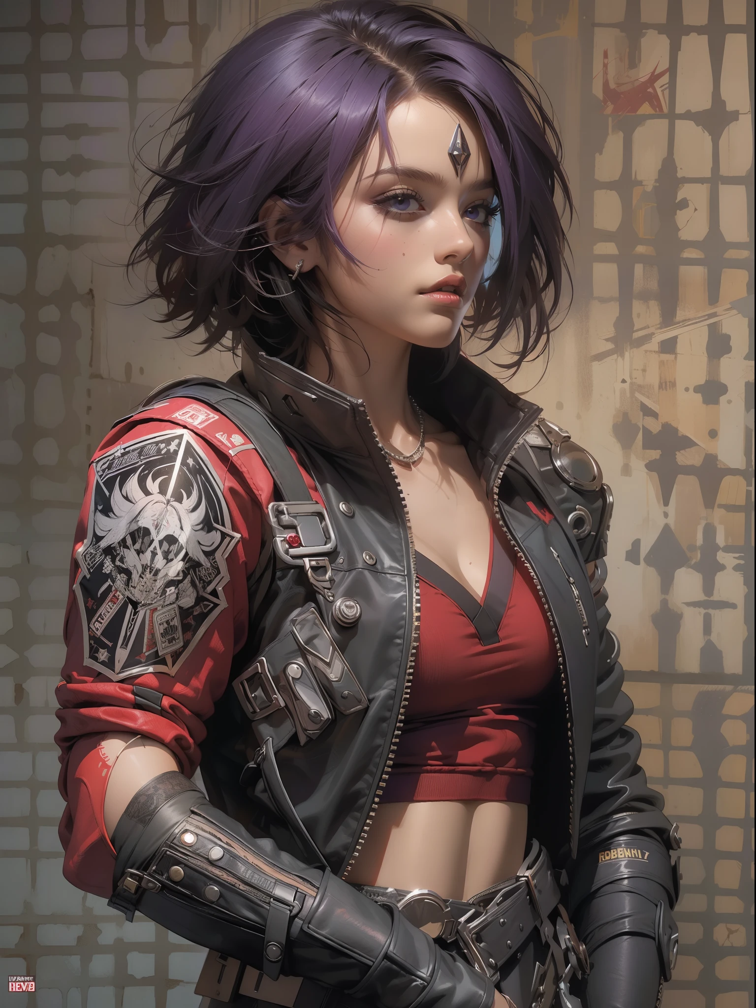 (((mulher))), (((melhor qualidade))), (((obra prima))), (((adulto))), (((1girl))), ((( corte de cabelo bob ))), Uma gladiadora cyberpunk mulher de 25 anos com corpo perfeito, shoulder pads with metal spines, Gladiadores do Brooklyn, (( corte de cabelo bob )), tiny leather panties, camiseta de time de rugby rasgada, quase nua no estilo selvagem urbano de Simon Bisley para a capa da revista Heavy Metal, Cabelo loiro curto, Minimum clothing, Metal protection on the left arm with intricate graphics, Dark red with white stars and white and violet checkerboard pattern, armadura, cheio de pontas e rebites, (((do joelho pra cima))), cabelos loiro branco curto, no fundo uma parede pintada por Shepard Fairey com um design intrincado