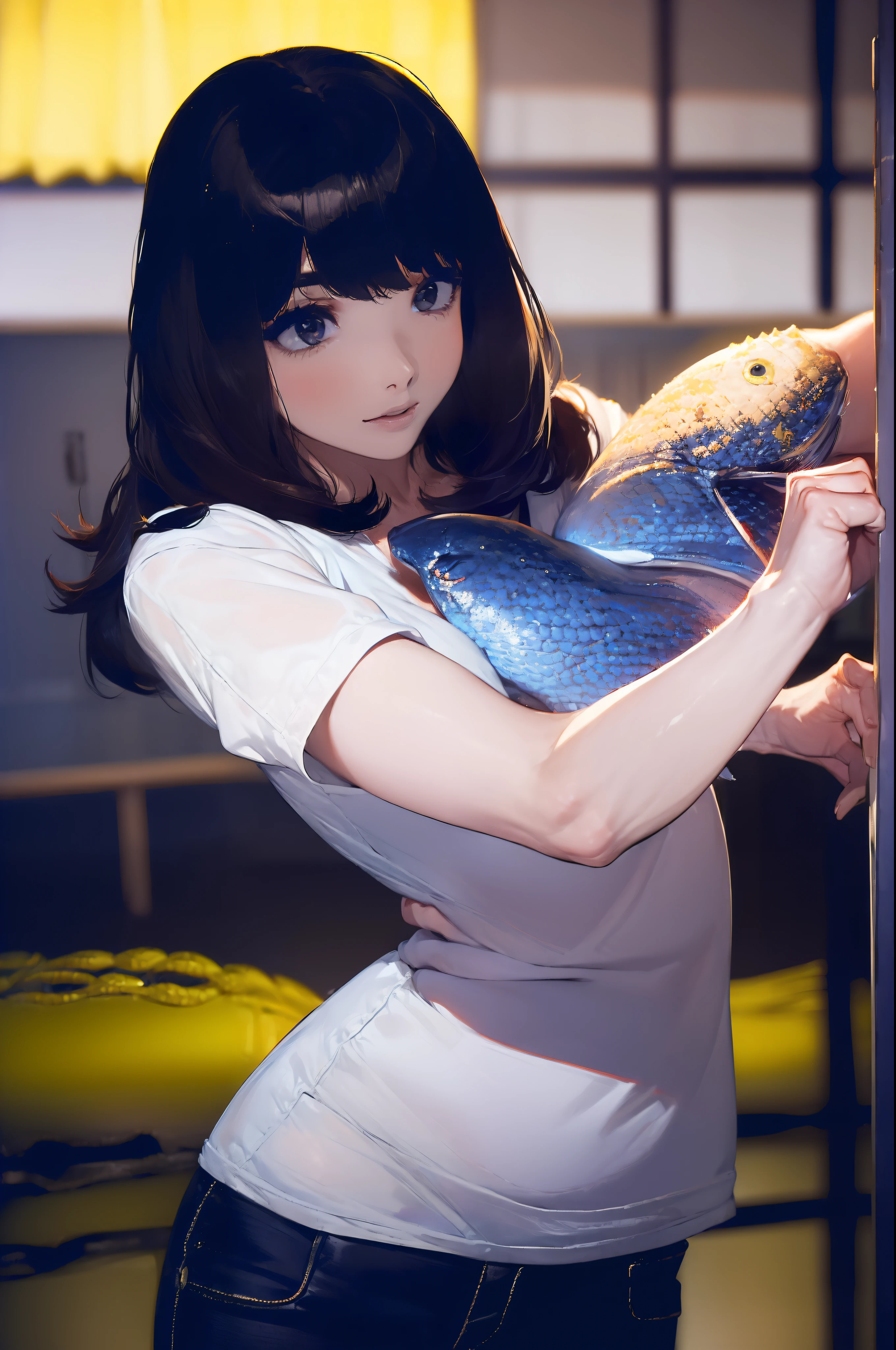 ((((catching a big fish by the lakeside:1.5)))),((Female 28 years old)),((Best Quality:1.5)),(((Hands with the correct number and structure of fingers:1.4))),((Big fish:1.37)),hight resolution,ultra-detailliert,masterpiece,best qualtiy,(Eight-headed body),Black hair, long eyes-lashes, Solid Circle Eyes, drop shadow, Atmospheric perspective,Super Detail, ccurate, big brest,(Black jacket and black jeans :1.1),top-quality, blurry backround, bokeh dof:1.2, (masterpiece:1.3), Atmospheric perspective,Super Detail,dynamic compositions,
