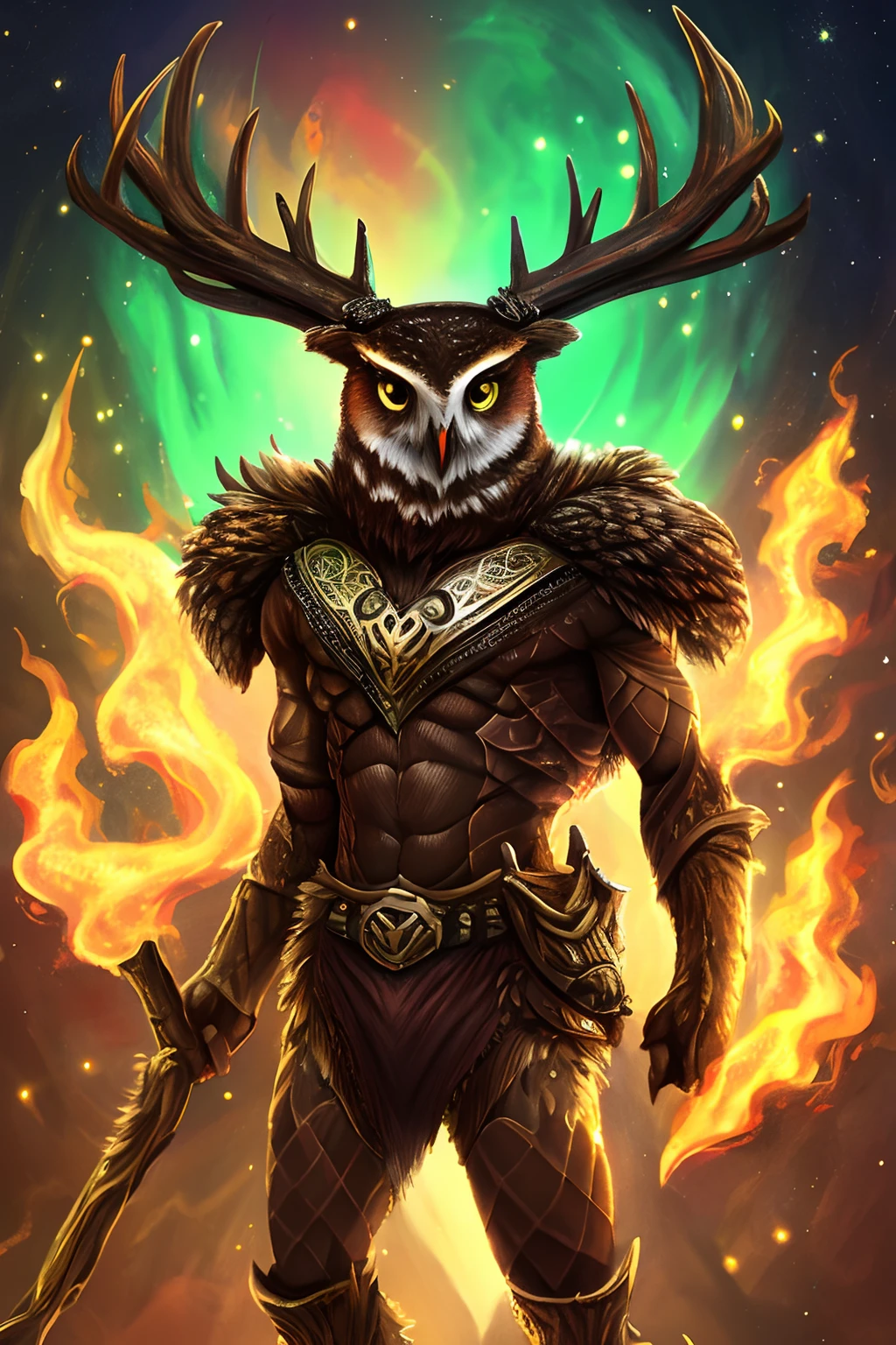 Masterpiece, highres, high Quality, BREAK humanoid creature, slim body, skinny body, skin with scales, BREAK barn owl head, small head, deer antlers, deer legs, green flames, nigth, forest,